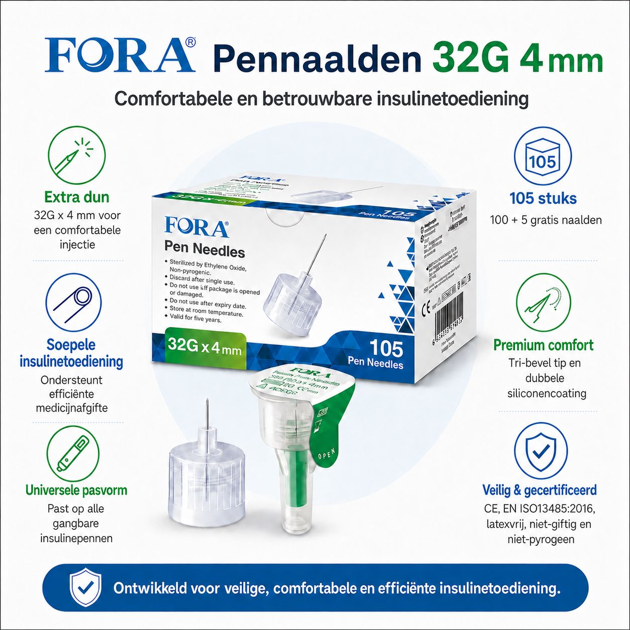 FORA Pennaalden 32G 4mm, 105 stuks. Veilig, comfortabel, efficiënt. Latex-vrij, niet-pyrogeen. CE-gecertificeerd.