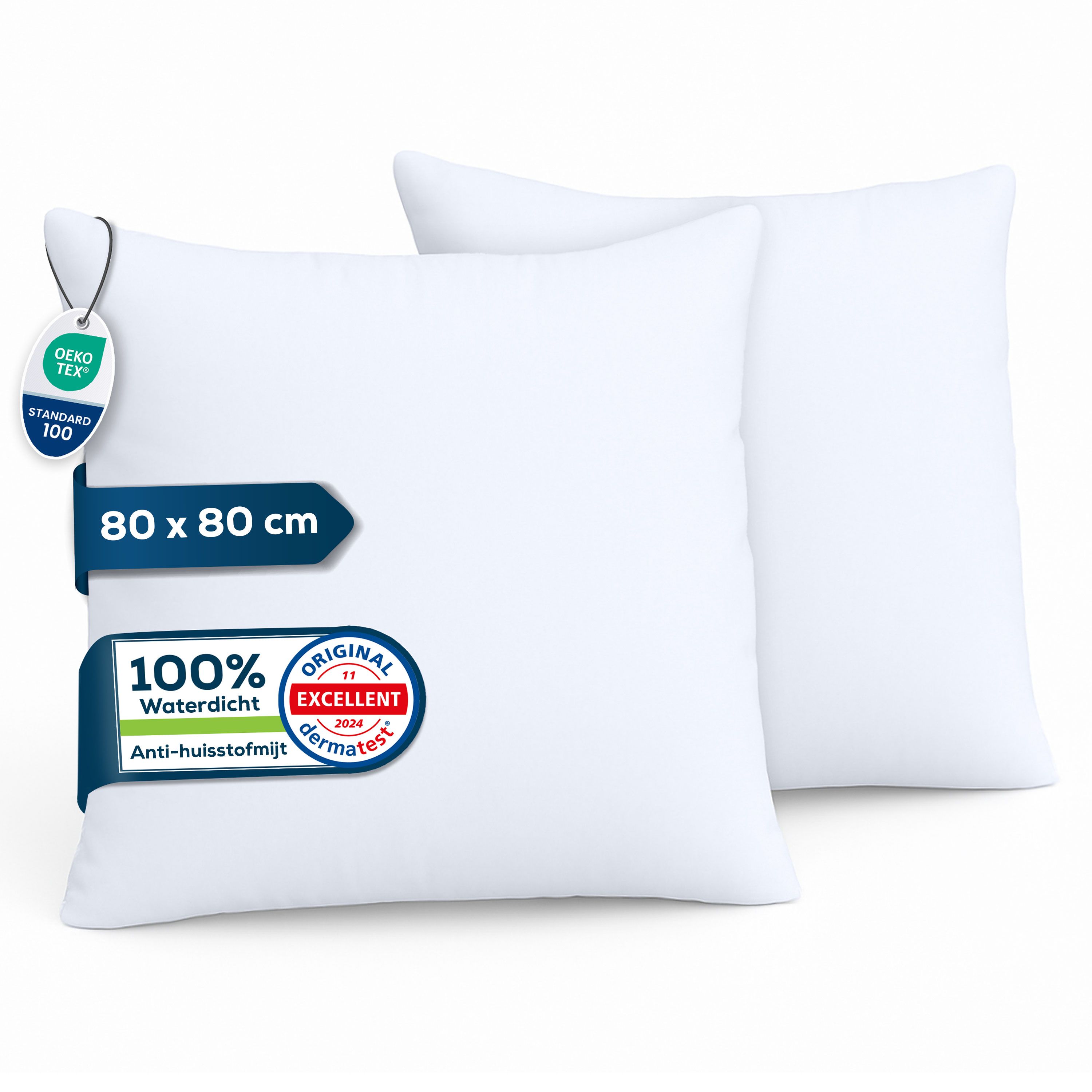 Twee witte kussens. Tekst: 80 x 80 cm. Oeko-Tex Standard 100. Anti-huisstofmijt. Dermatest.