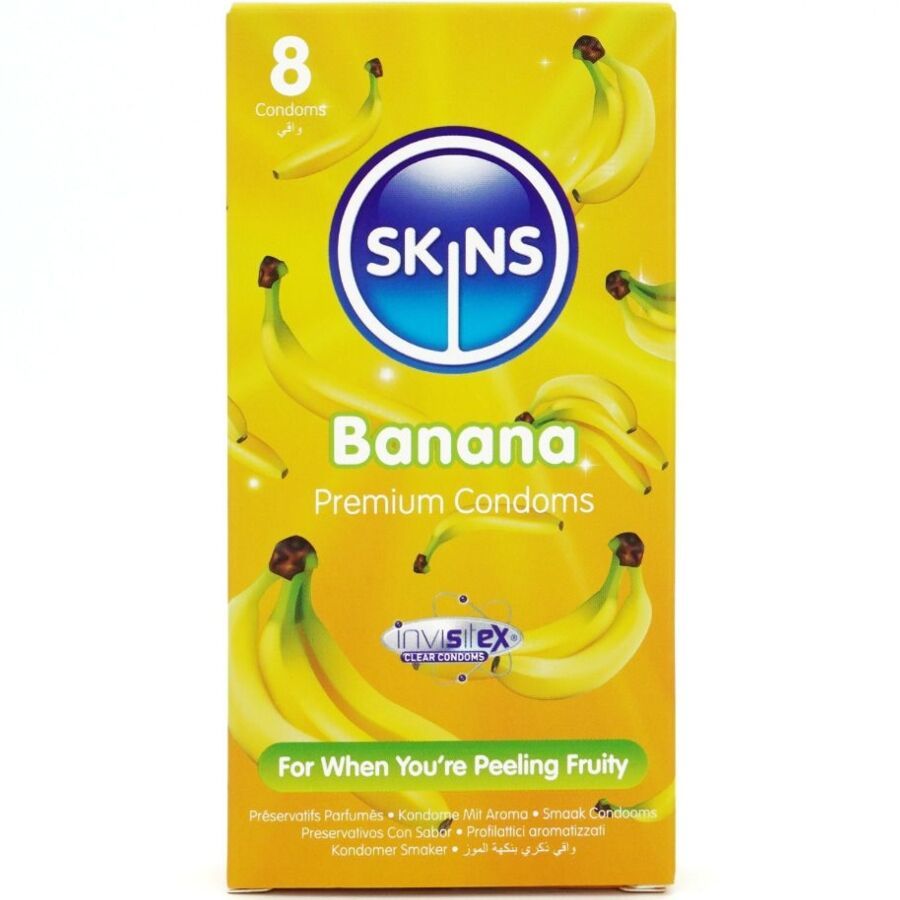 Gele verpakking met bananen. Opschrift: SKINS Banana Premium Condoms. Bevat 8 condooms. Tekst: For When You're Peeling Fruity.