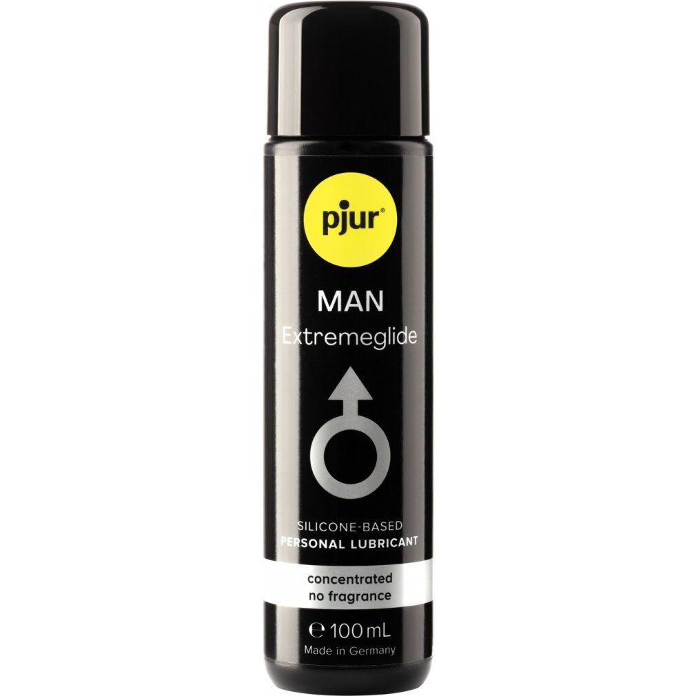 Flacon noir avec logo pjur jaune et nom du produit MAN Extreme Glide. Comprend un symbole de masculinité.