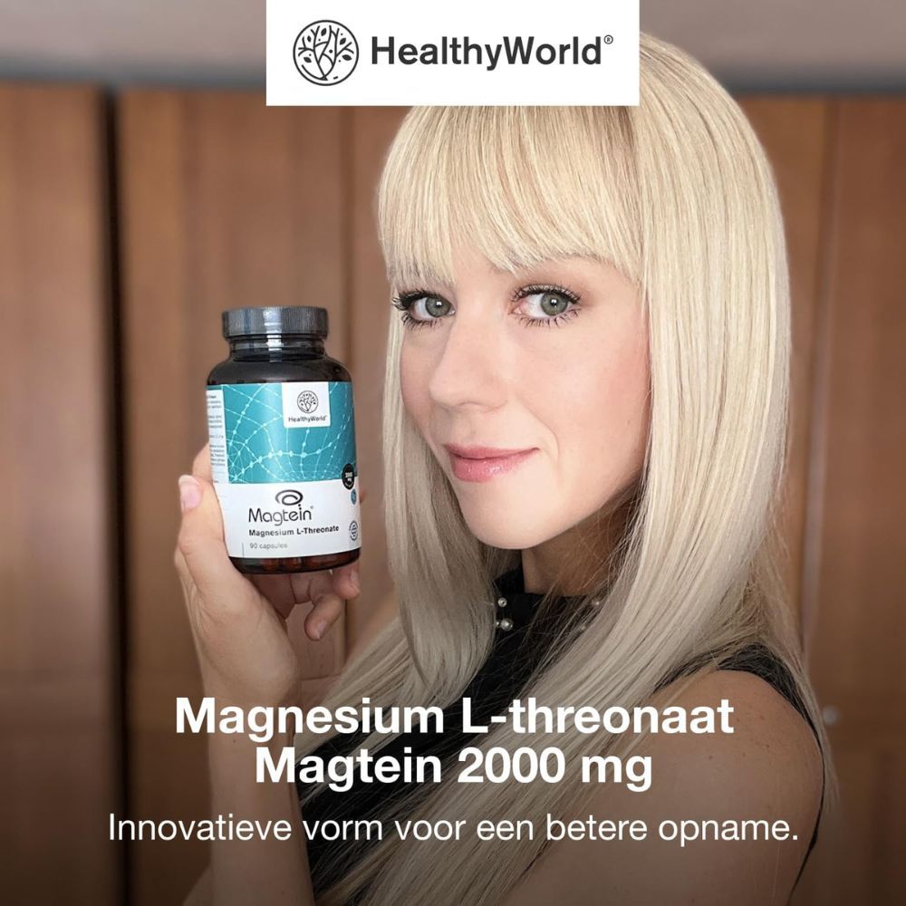 Tekst met fles en capsules. Tekst: Magnesium L-threonaat Magtein® 2000 mg. 90 capsules. Ingrediënten en dosering.