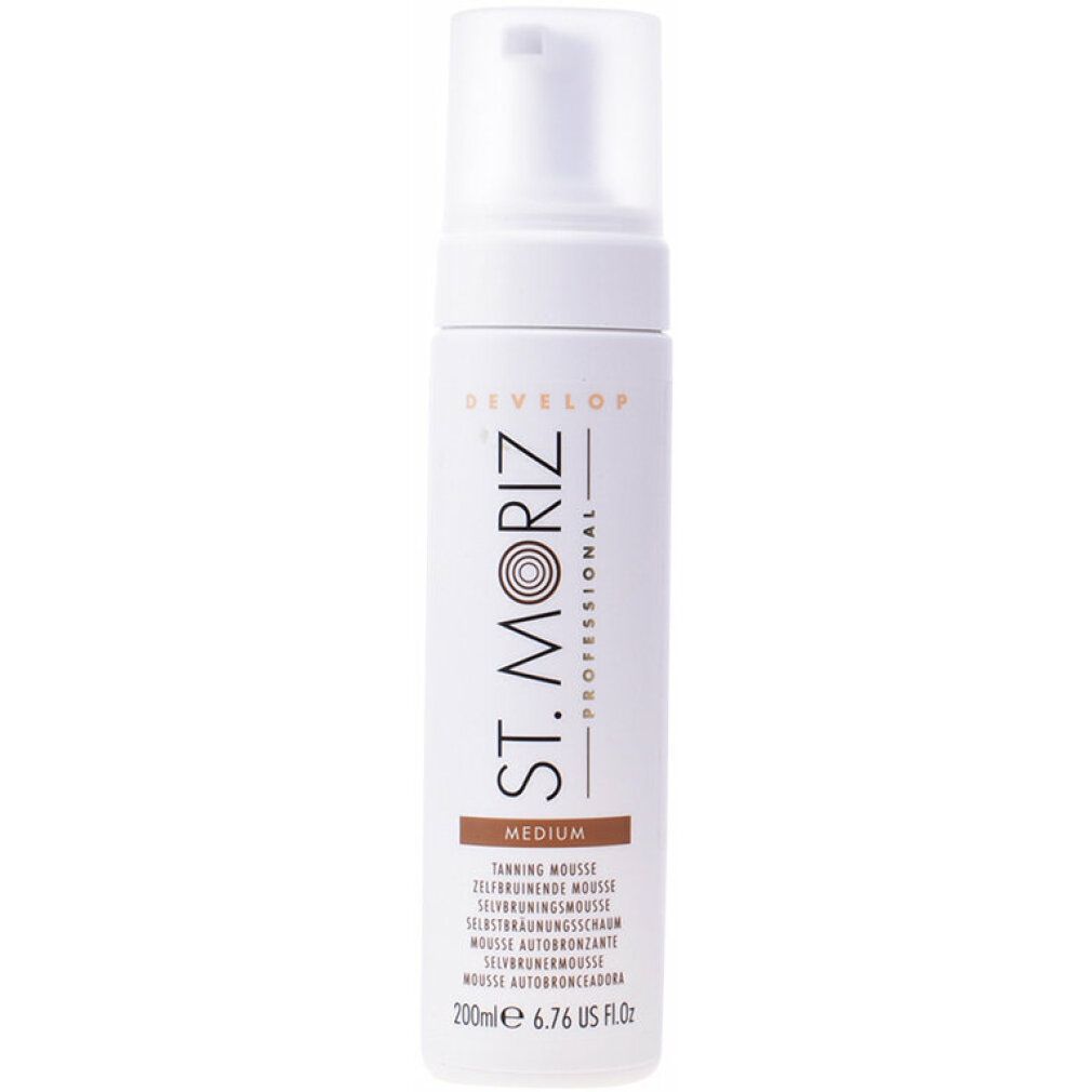 Flacon blanc avec pompe. Inscription: St. Moriz Professional, Medium, mousse autobronzante. 200ml.