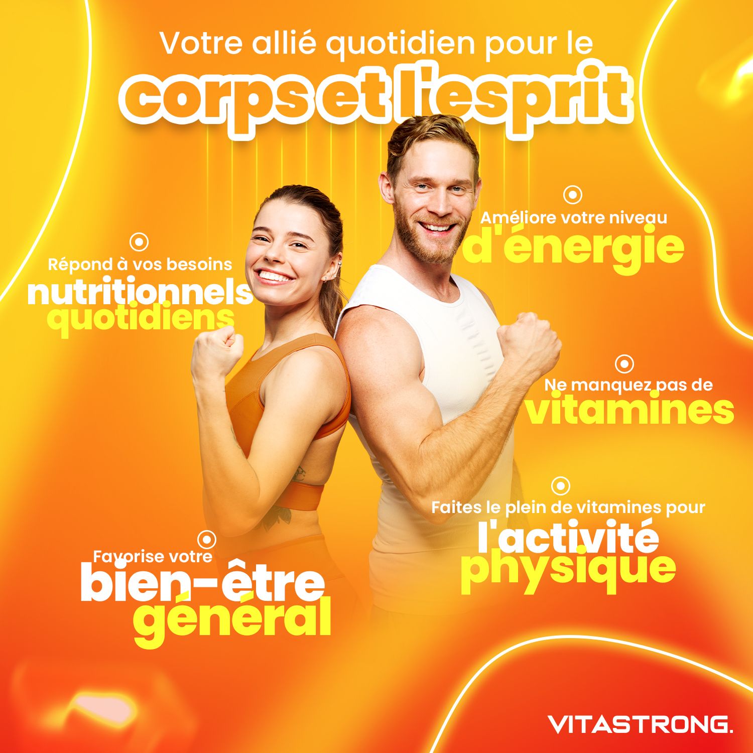 Man en vrouw rug aan rug. Tekst. Ondersteunt welzijn, dekt voedingsbehoeften, verbetert energie, vitamines.