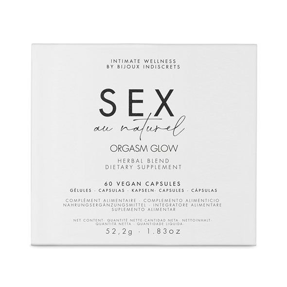 Boîte blanche avec texte SEX au naturel ORGASM GLOW. 60 gélules végétales. Marque Bijoux Indiscrets.