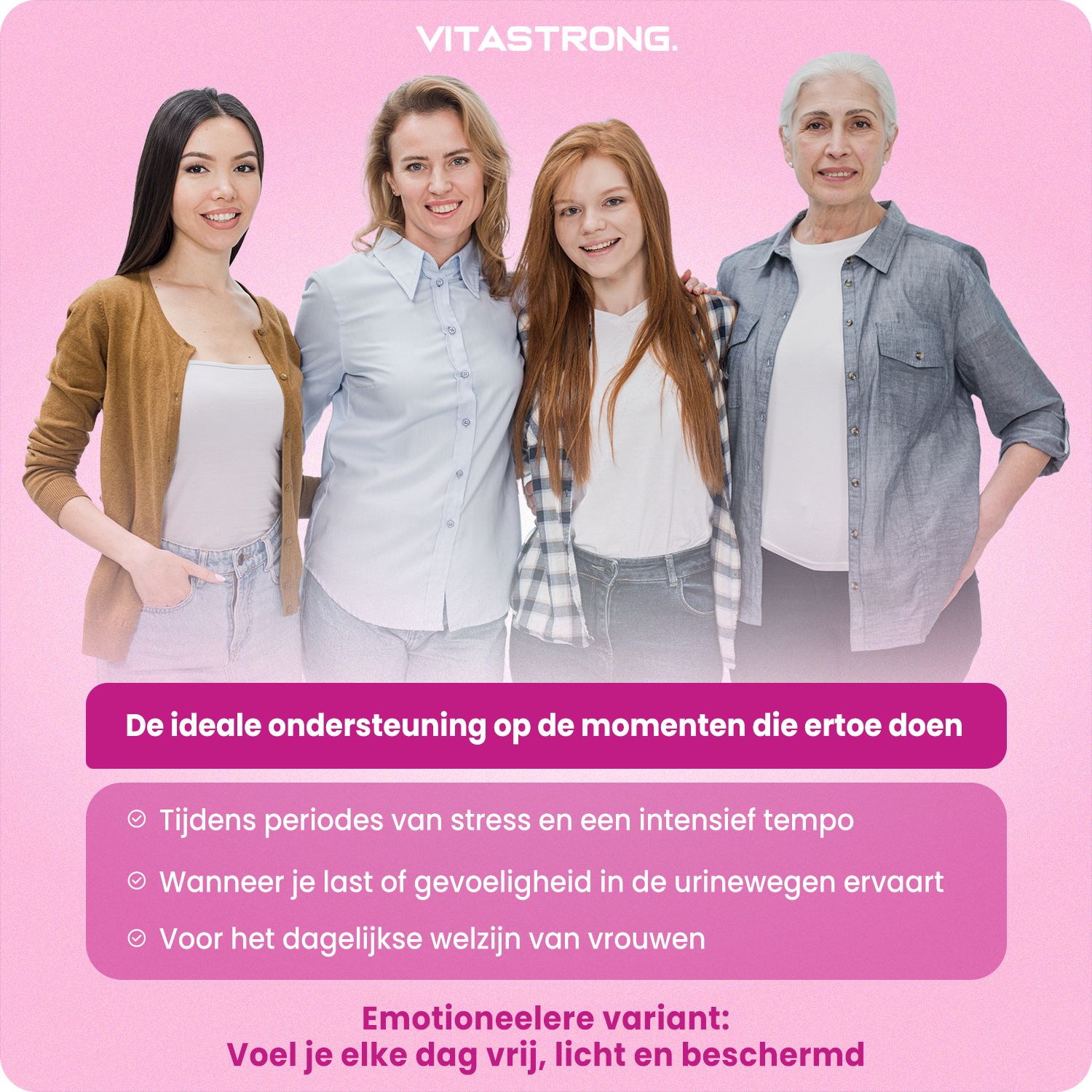 Vrouwen nemen Vitastrong VitaCyst in, eenvoudige dagelijkse inname.