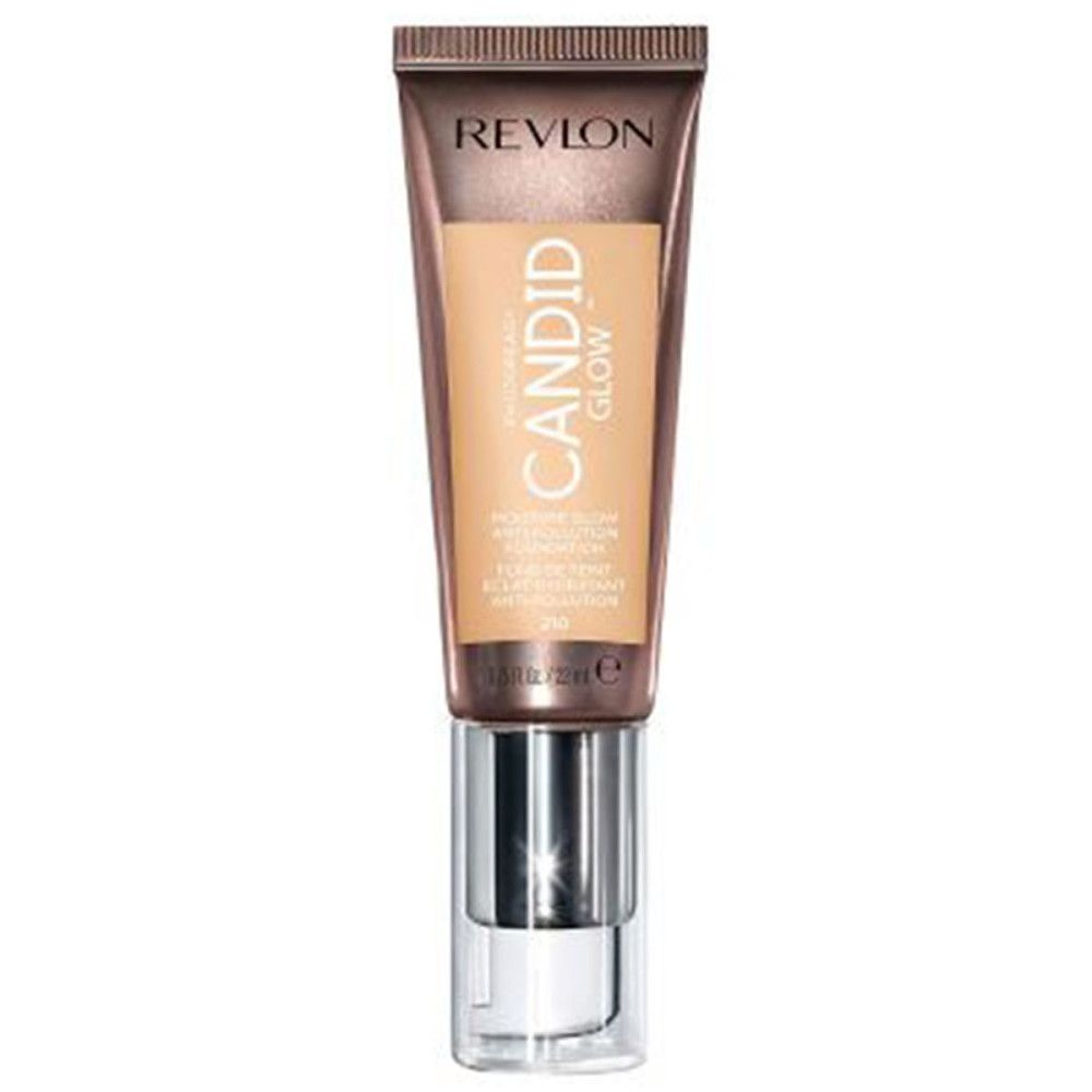 Revlon PhotoReady Candid Glow Foundation. Tube met product. Tekst: Candid Glow, Anti-pollution, 210.
