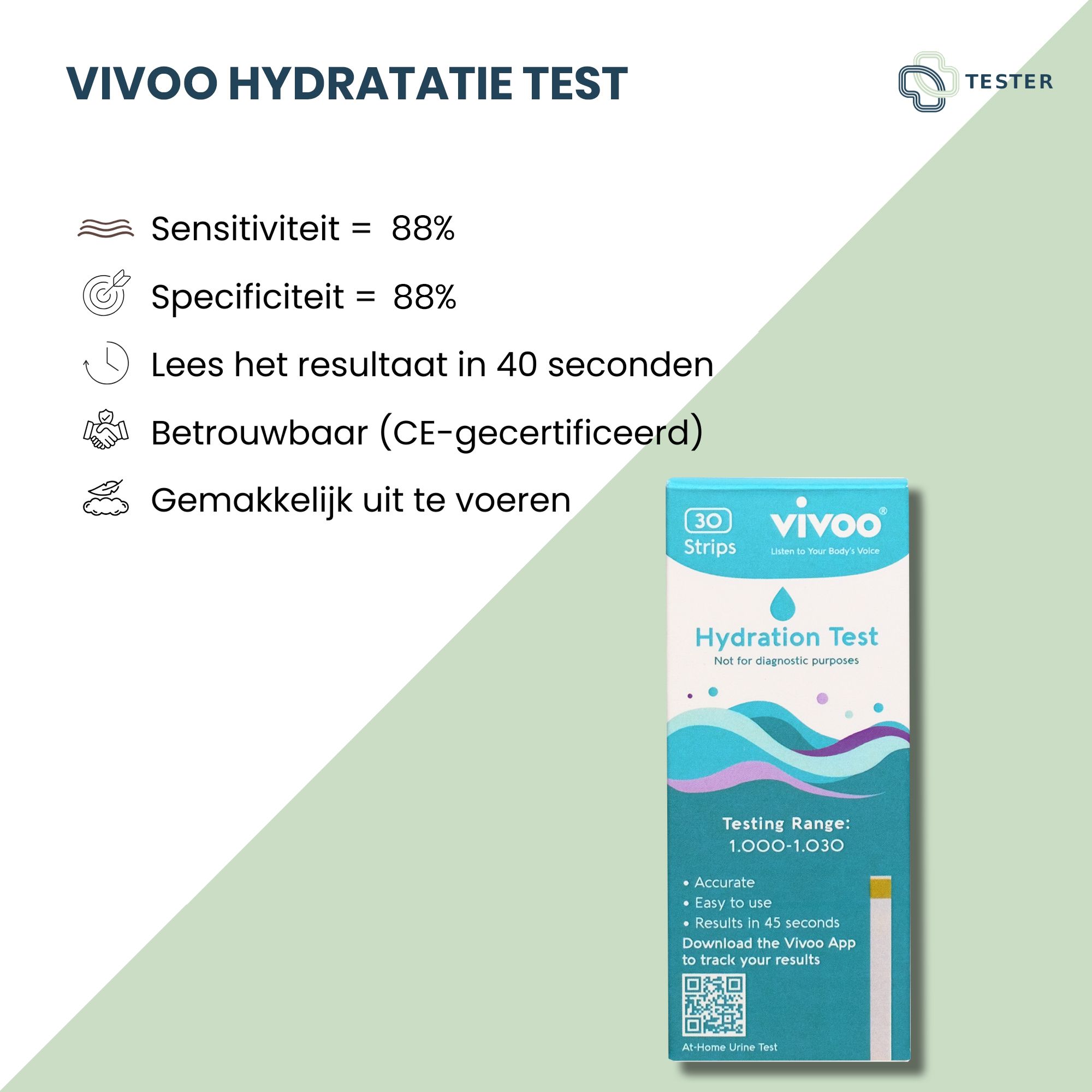 Test d'hydratation Vivoo. Boîte de 30 bandelettes. Emballage bleu et blanc avec nom du produit et QR code. Informations supplémentaires.