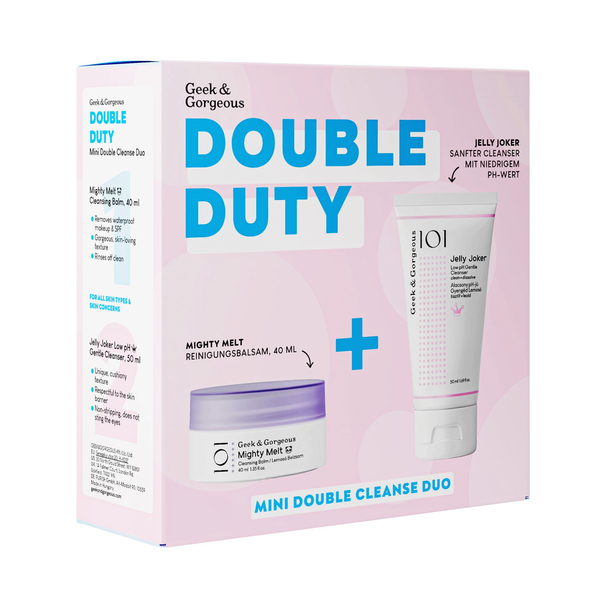 Geek & Gorgeous Double Duty Mini Double Cleanse Duo. Roze-witte verpakking met productnamen en ingrediënten. Bevat twee producten.