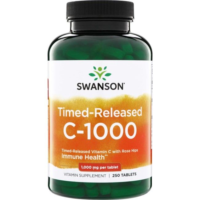 Flacon vert avec bouchon noir. Étiquette avec SWANSON, C-1000, vitamine C à libération prolongée et cynorrhodon. 250 comprimés. 1000 mg par comprimé.