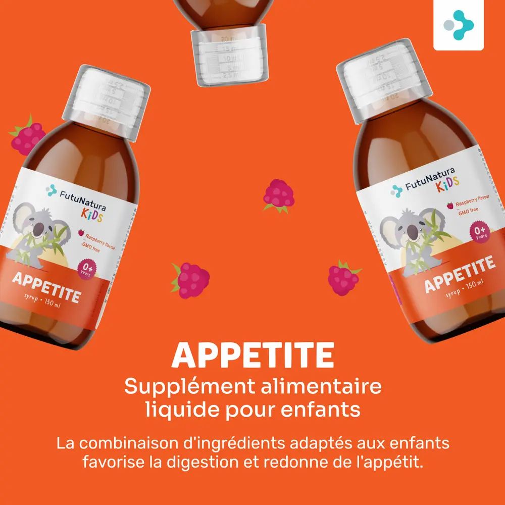 Trois flacons de FutuNatura KIDS Sirop Appétit, framboises sur fond orange. Texte : Appétit, complément alimentaire pour enfants.