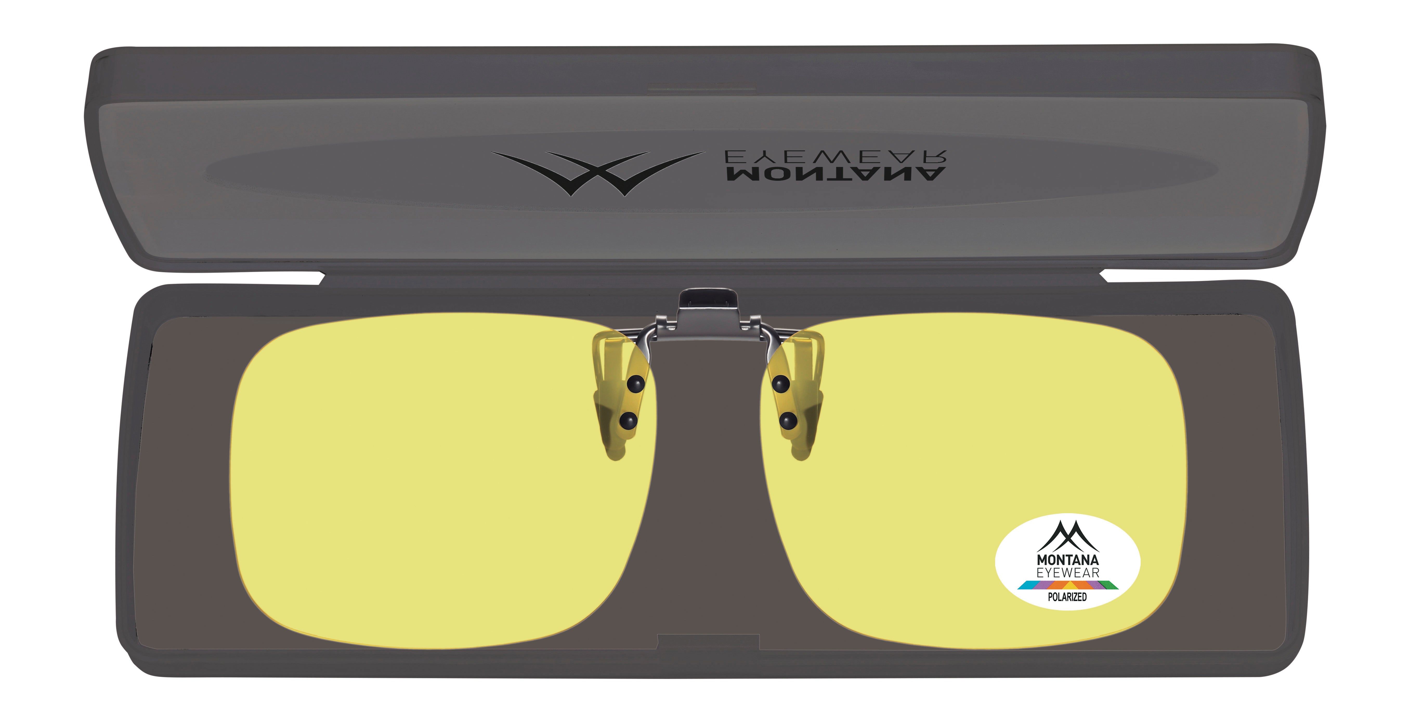 Lunettes de soleil clip-on Montana Eyewear Tofino dans un étui gris. Verres jaunes, logo Polarized.