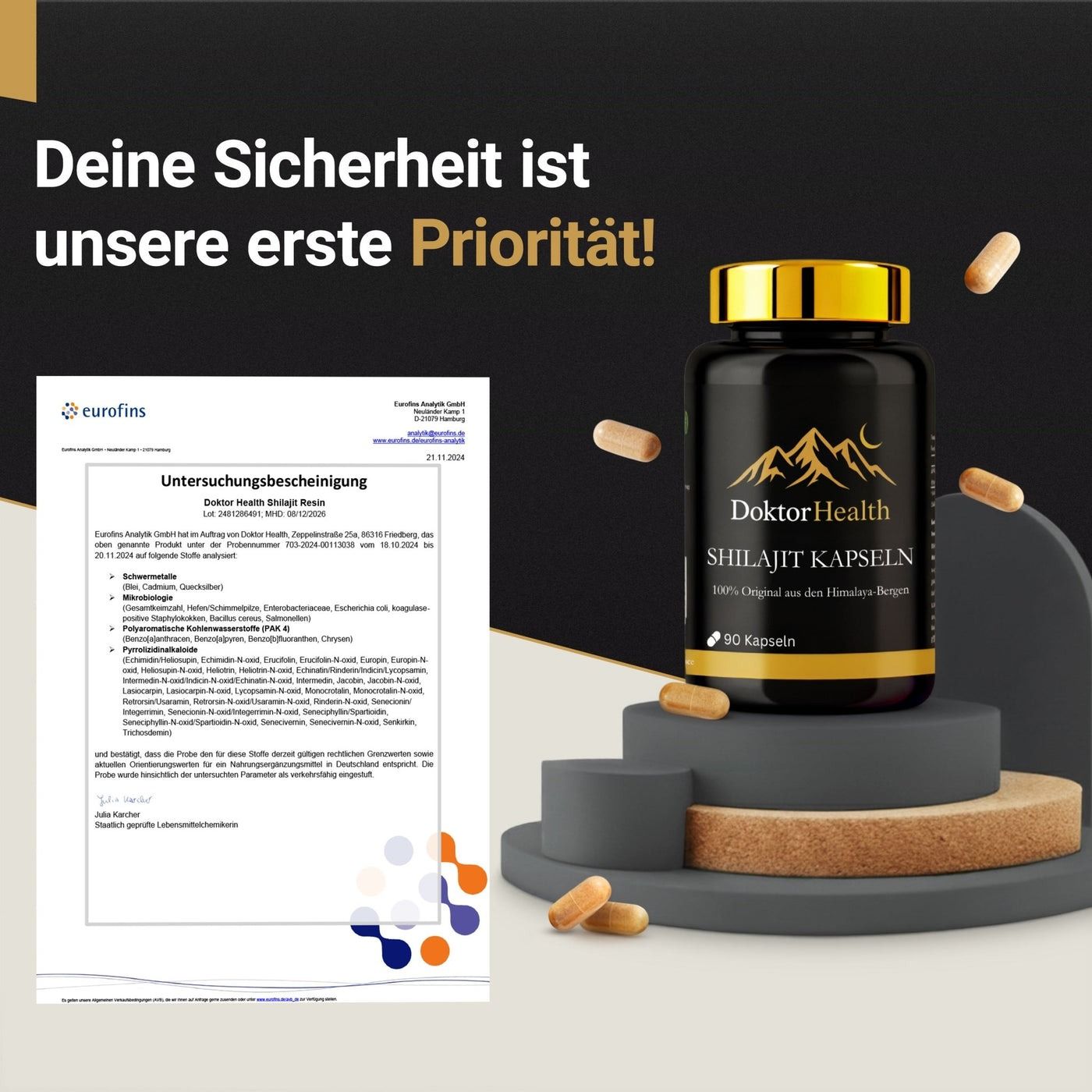 Zwarte fles met gouden dop en capsules. Opschrift: Doktor Health Shilajit Kapseln. Certificaat.