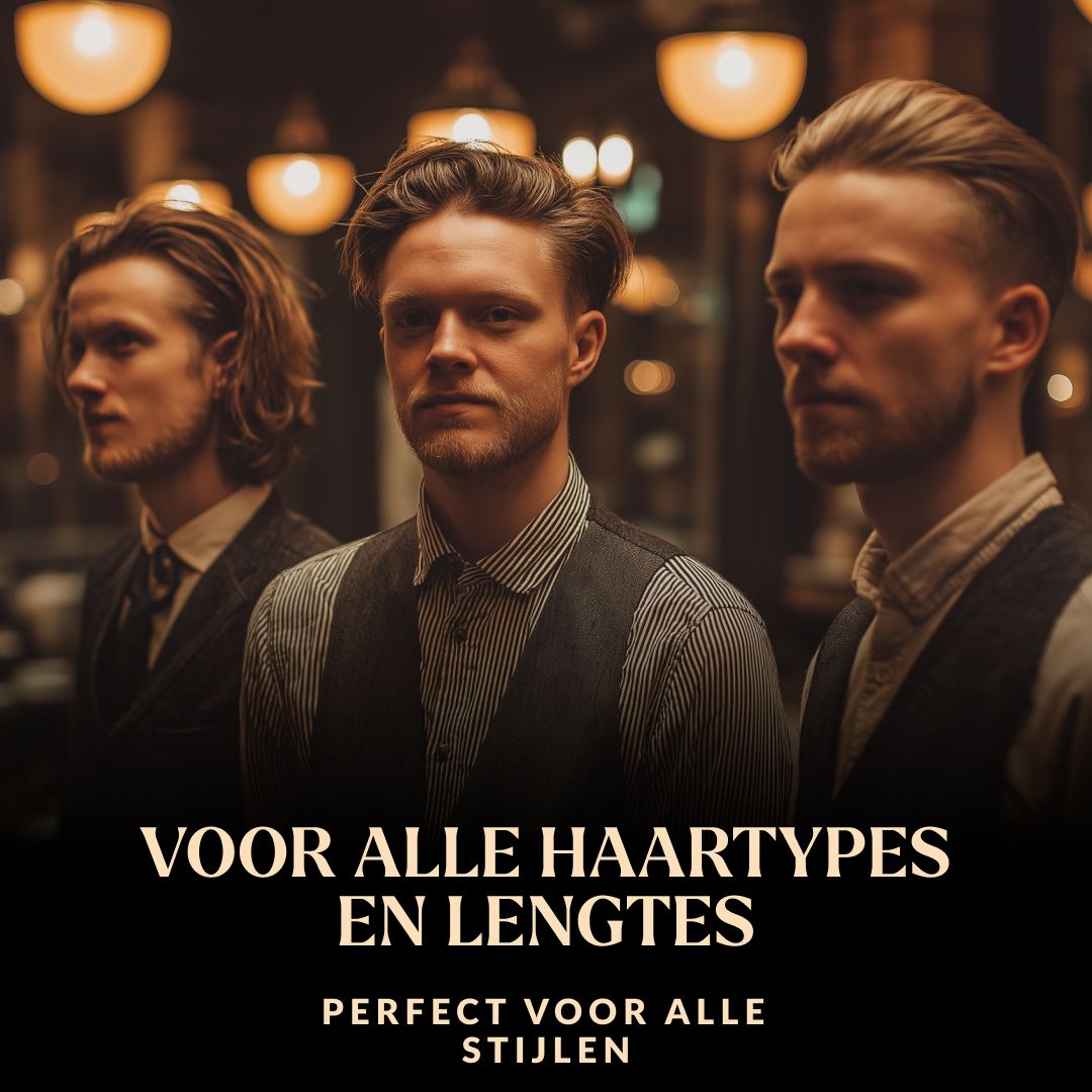 Drie mannen met stijlvolle kapsels in donkere kleding.