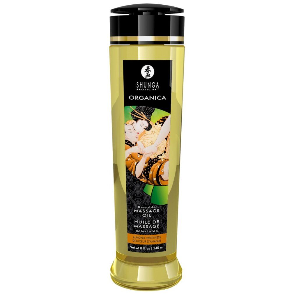 Bouteille d'huile de massage Shunga Organica avec étiquette représentant un couple et bouchon noir.