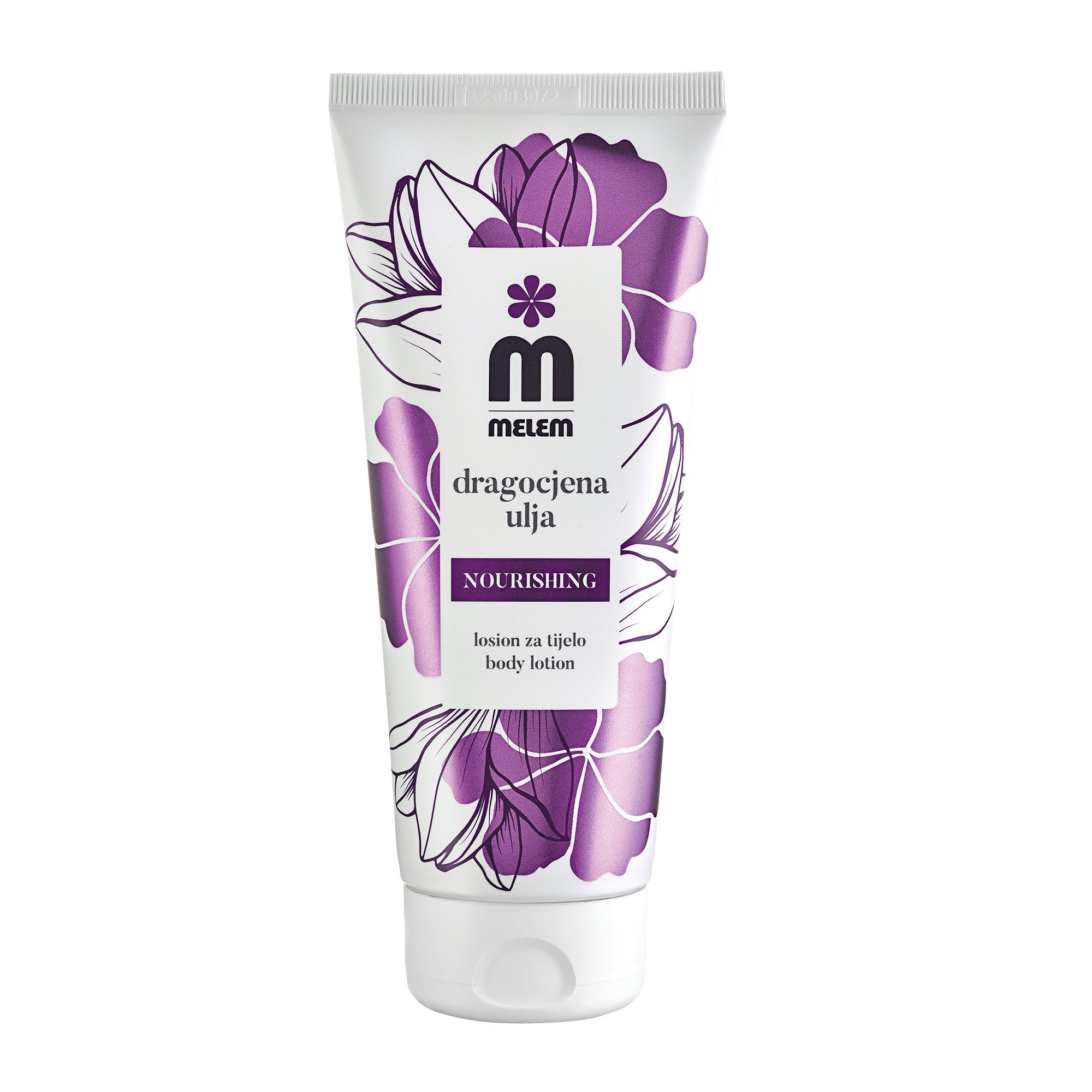 Witte tube met paars bloemmotief. Tekst: MELEM, dragocjena ulja, NOURISHING, losion za tijelo body lotion.