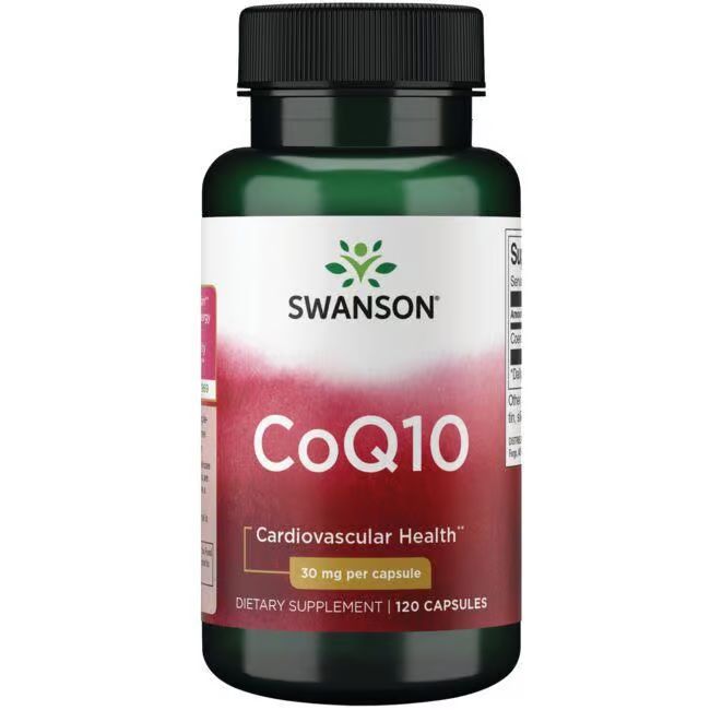 Flacon vert avec bouchon noir. Étiquette "SWANSON", "CoQ10" et "30 mg par capsule". 120 capsules.