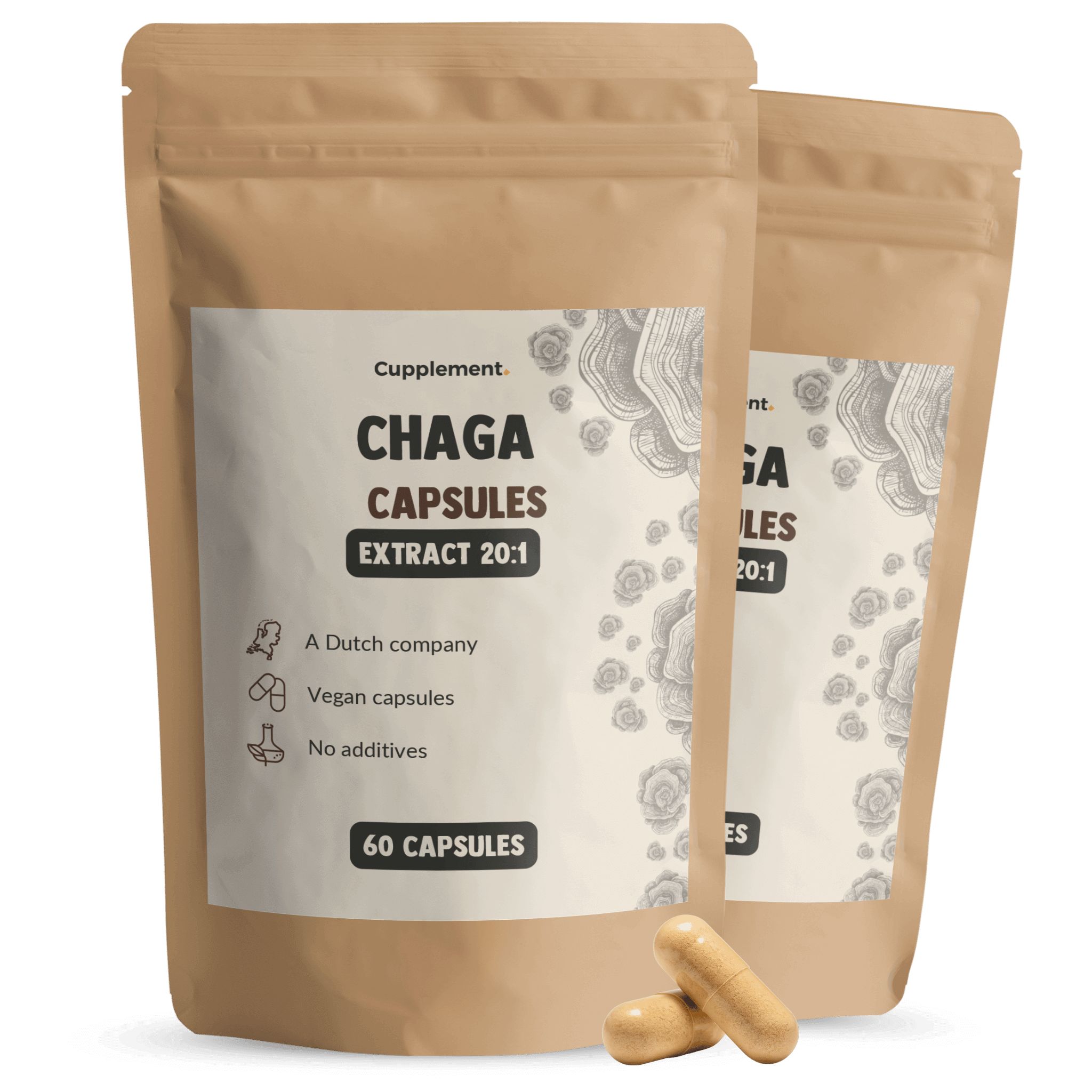Deux sachets de gélules de Chaga. Inscription : Chaga Capsules Extract 20:1, 60 gélules. Gélules à côté.