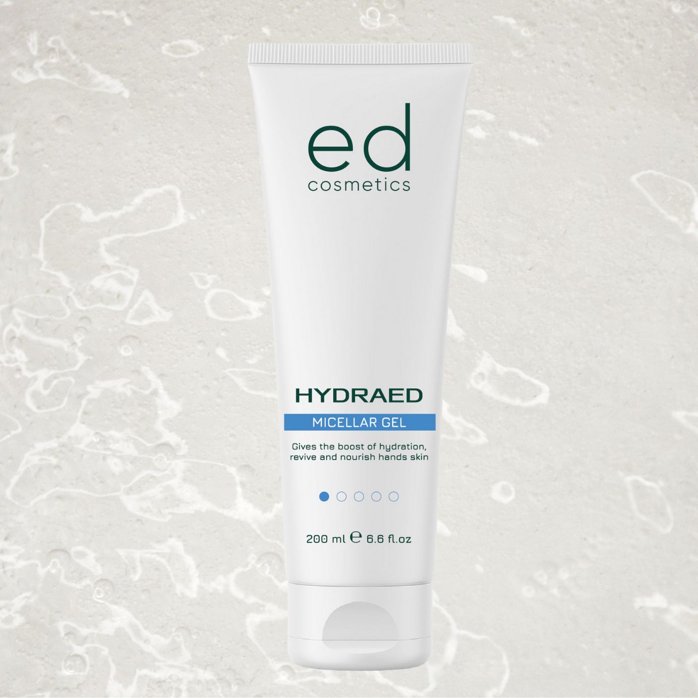 Tube blanche avec logo "ed cosmetics" vert. "HYDRAED MICELLAR GEL" et bande bleue. 200 ml.