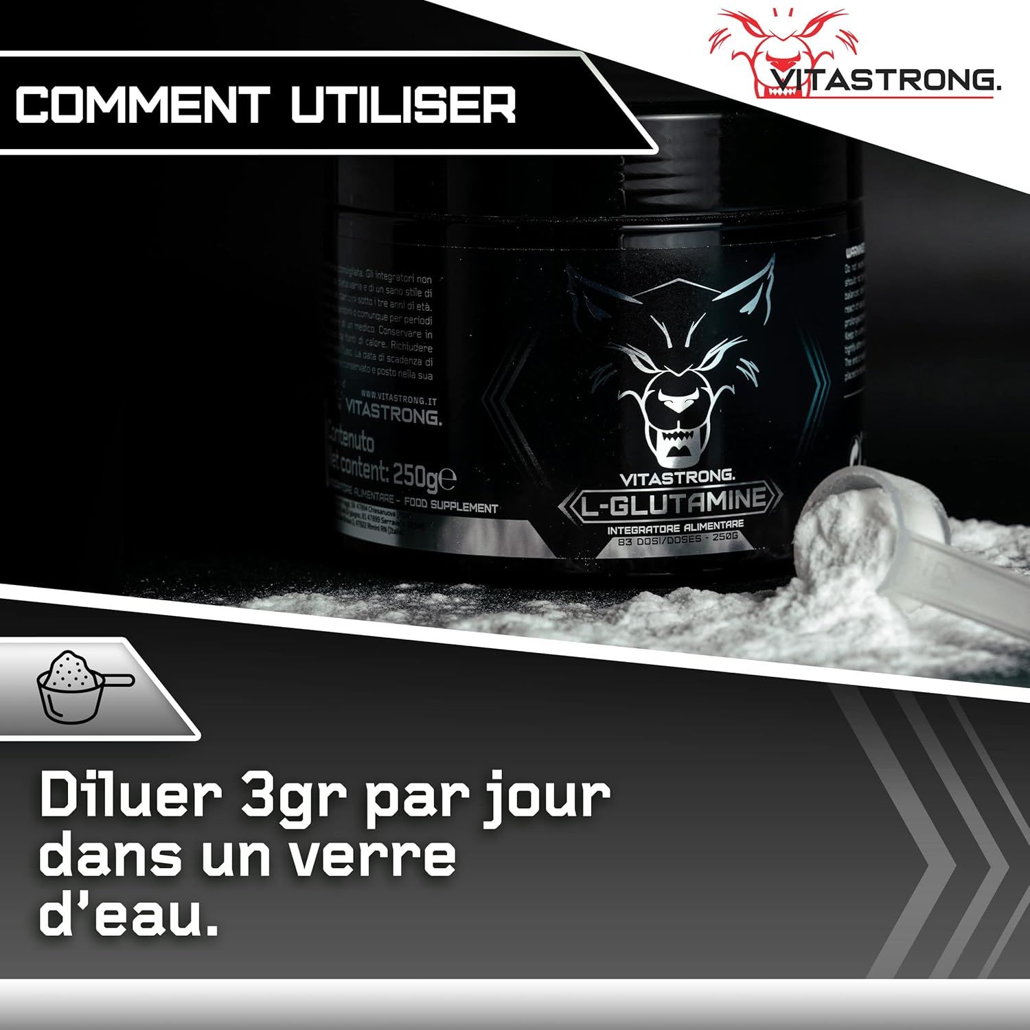 Gebruiksaanwijzing. Opschrift: VITASTORNG. Diluer 3gr par jour dans un verre d'eau. Pot en lepel.