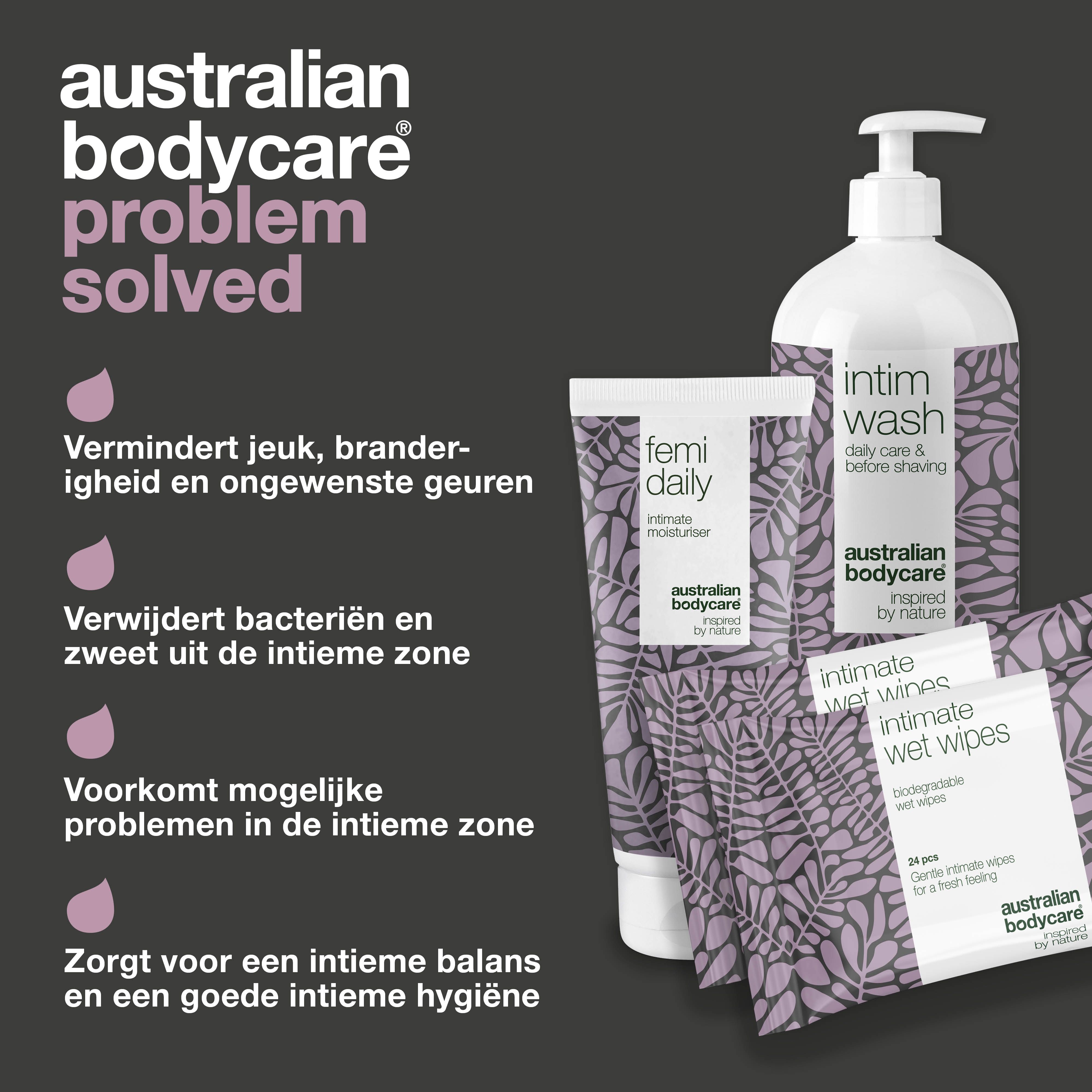 Grafiek: Australian Bodycare, probleem opgelost. Producten voor intieme verzorging. Tekst en roze druppels.