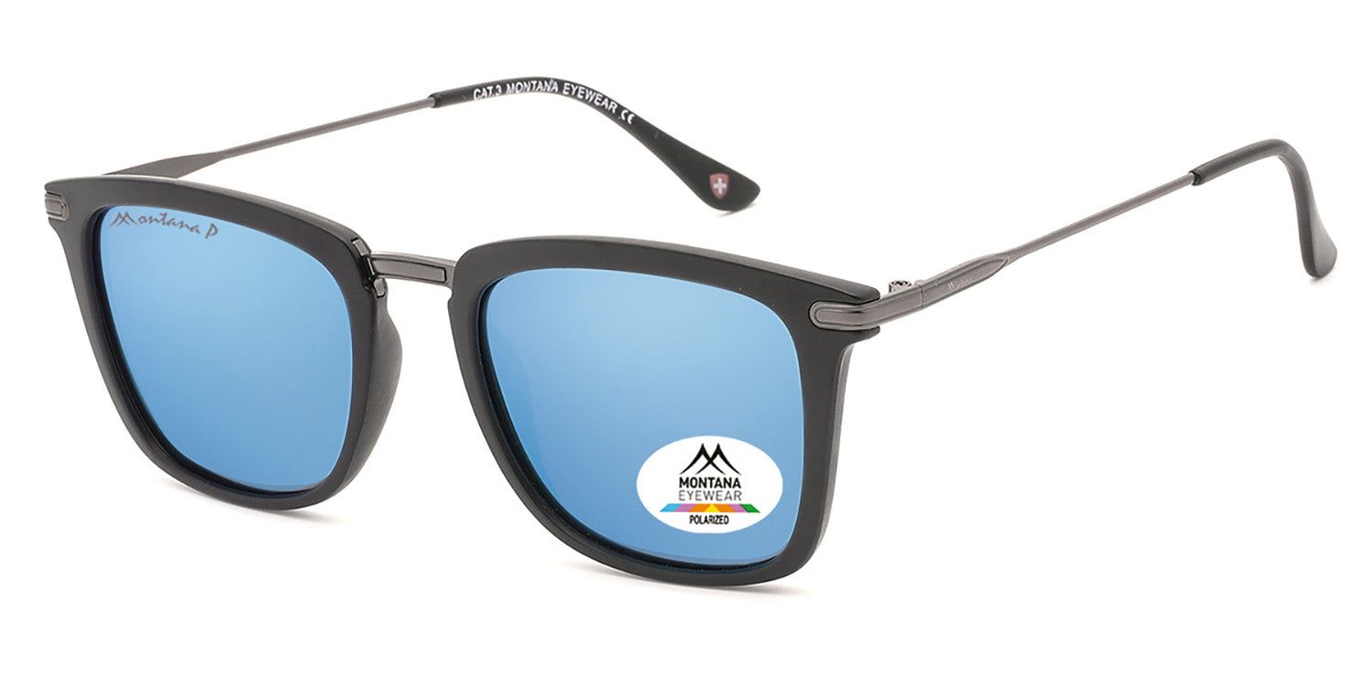 Lunettes de soleil à monture noire et verres bleus. Un autocollant sur un verre indique le logo et 'Polarized'.