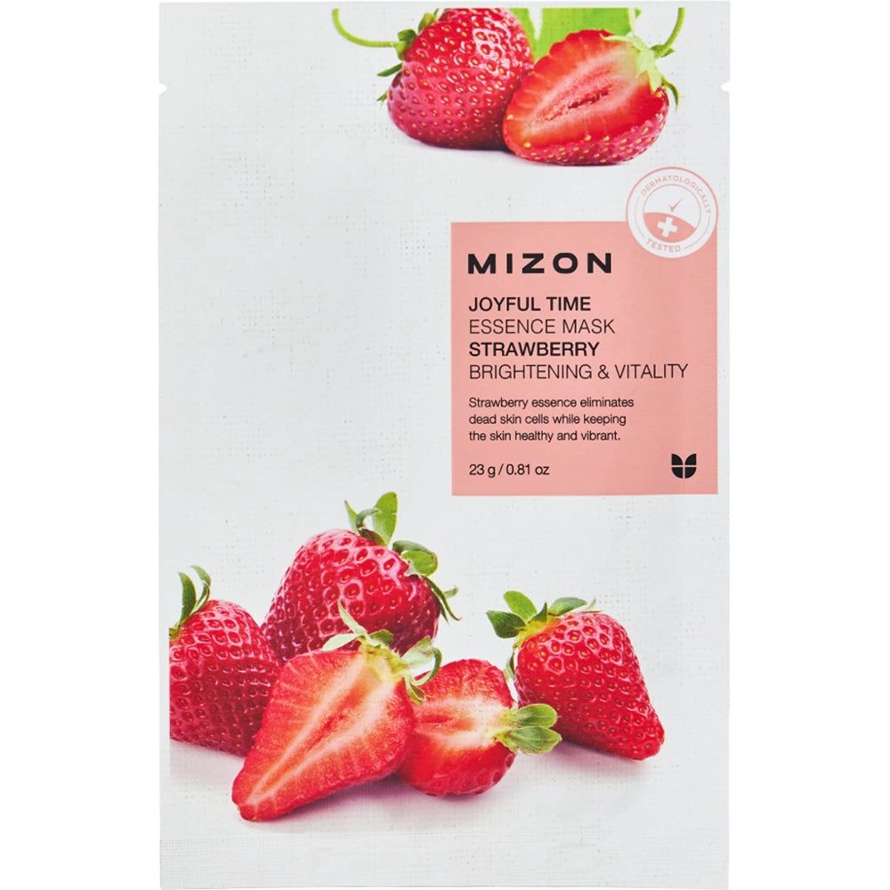 Emballage avec fraises et texte: MIZON Joyful Time Essence Mask Strawberry. Éclat & Vitalité. 23 g / 0,81 oz.