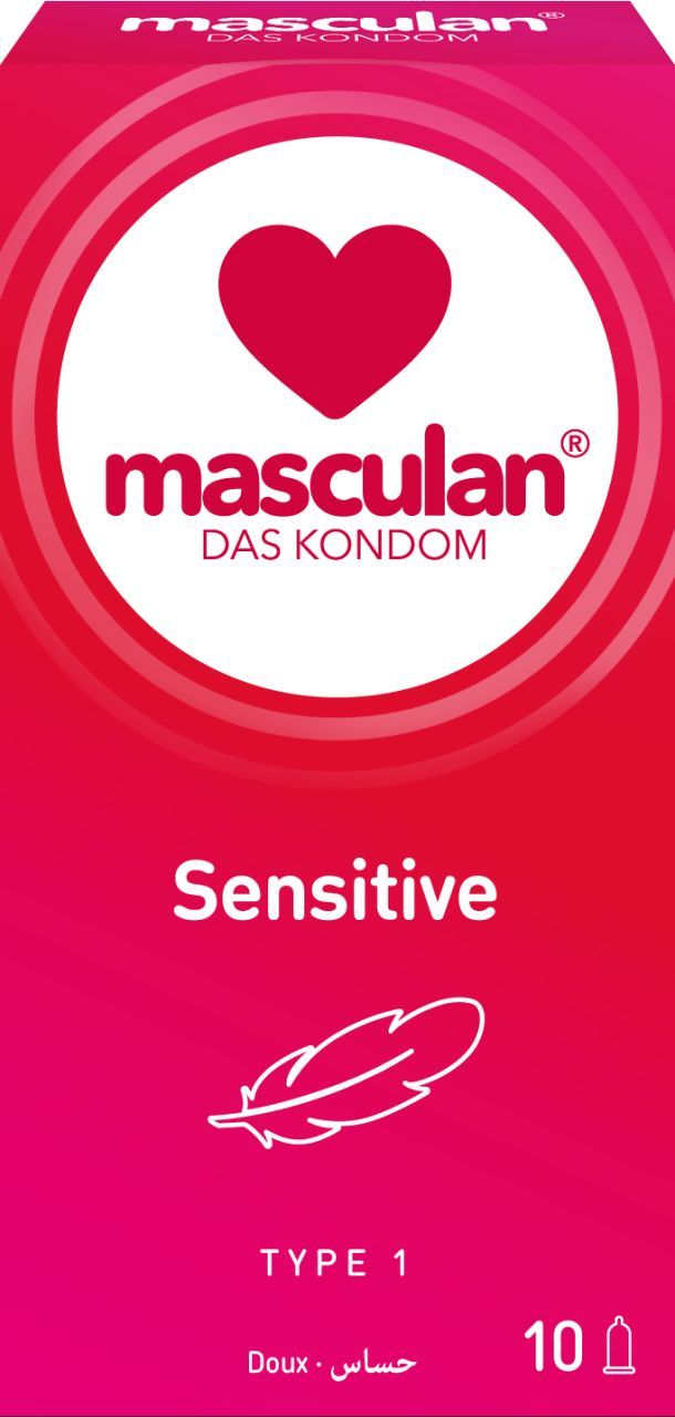 Boîte de 10 préservatifs Masculan Type 1 Sensitive. Emballage rouge avec symboles cœur et plume.