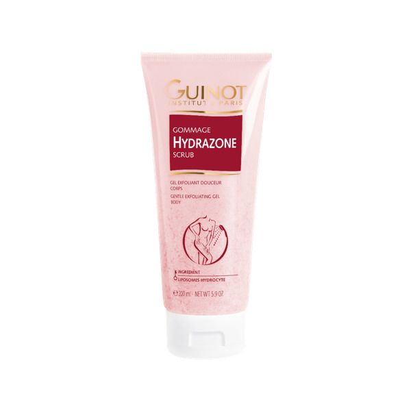 Guinot Hydrazone Scrub Gommage Corporel tube met witte dop. Roze tube met tekst en lichaamsafbeelding.
