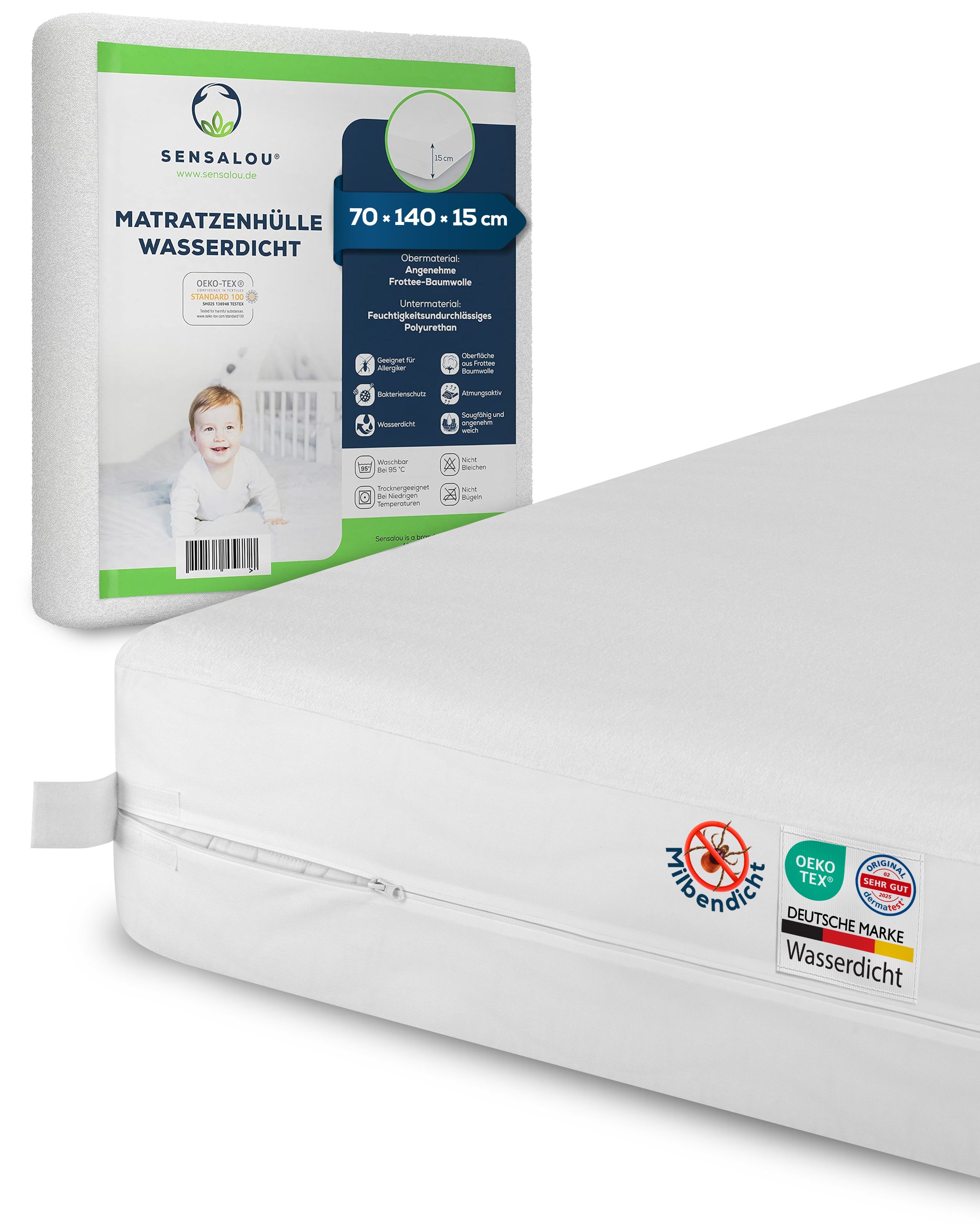 Housse de matelas blanche avec fermeture éclair. Emballage avec informations et photo de bébé. Certification Oeko-Tex.