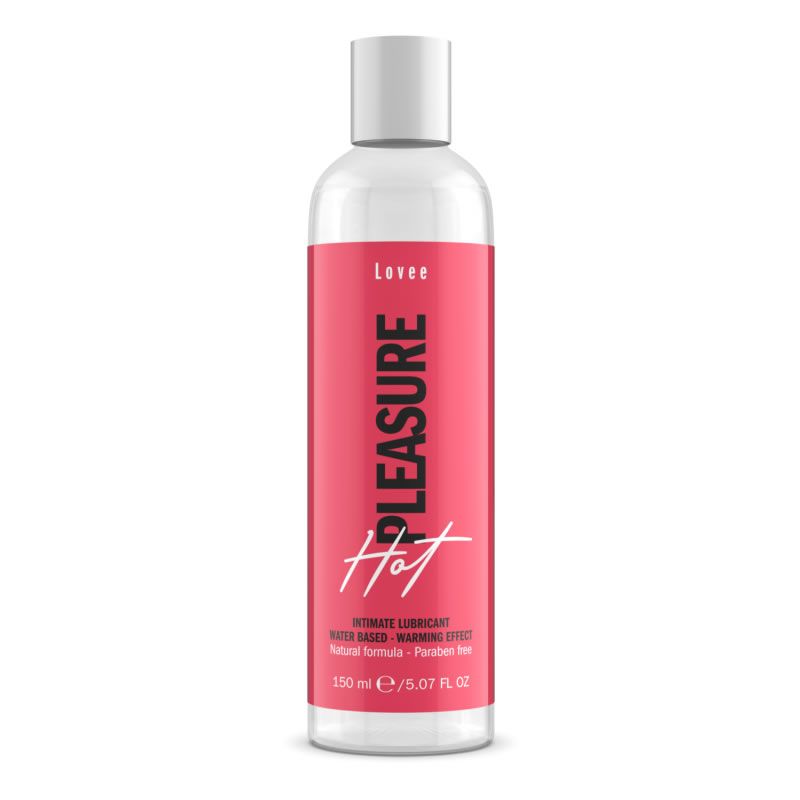 Transparante fles met roze etiket. Opschrift: PLEASURE Hot, intiem glijmiddel, 150 ml. Merk: Lovee.