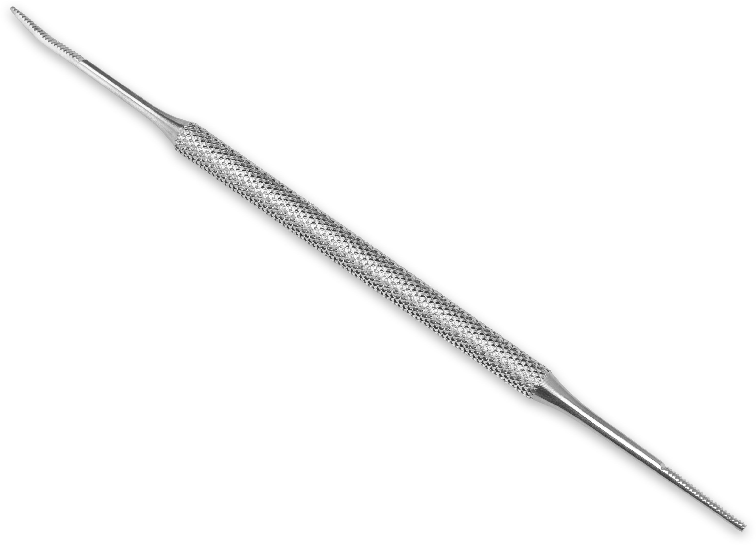 Dubbelzijdige metalen nagelvijl. Gekarteld handvat, puntige uiteinden. Voor ingegroeide teennagels.