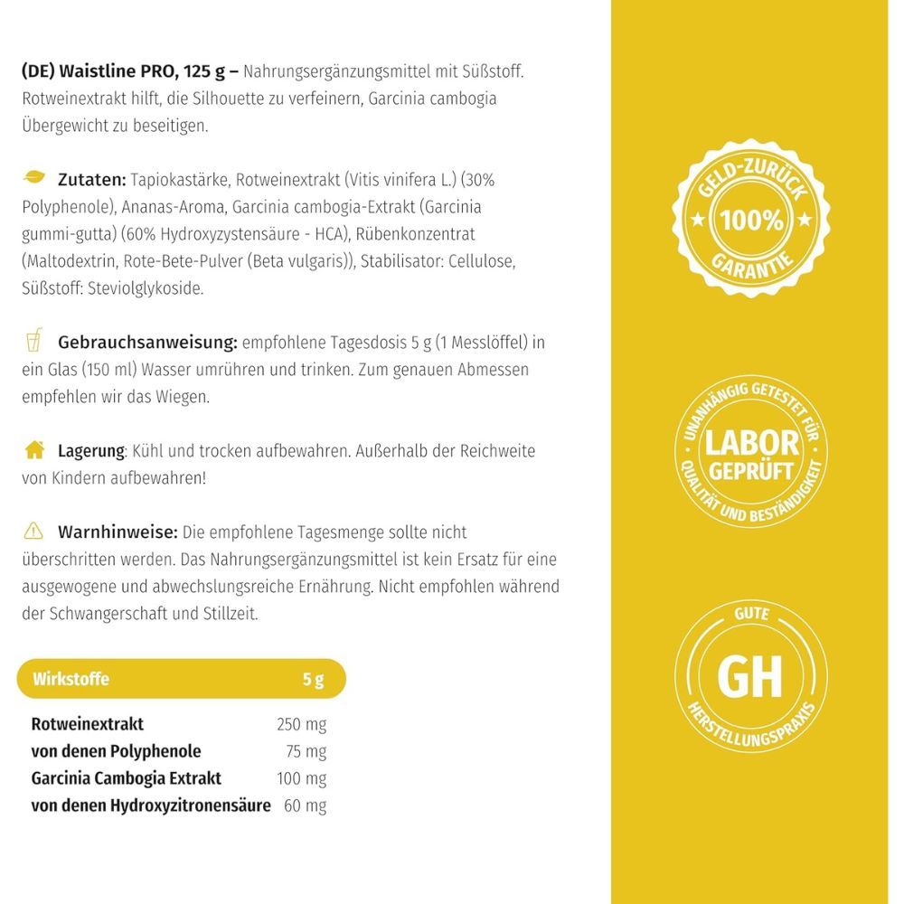 Page de texte avec ingrédients et avertissements pour "Waistline Pro". Contient également des labels de qualité.