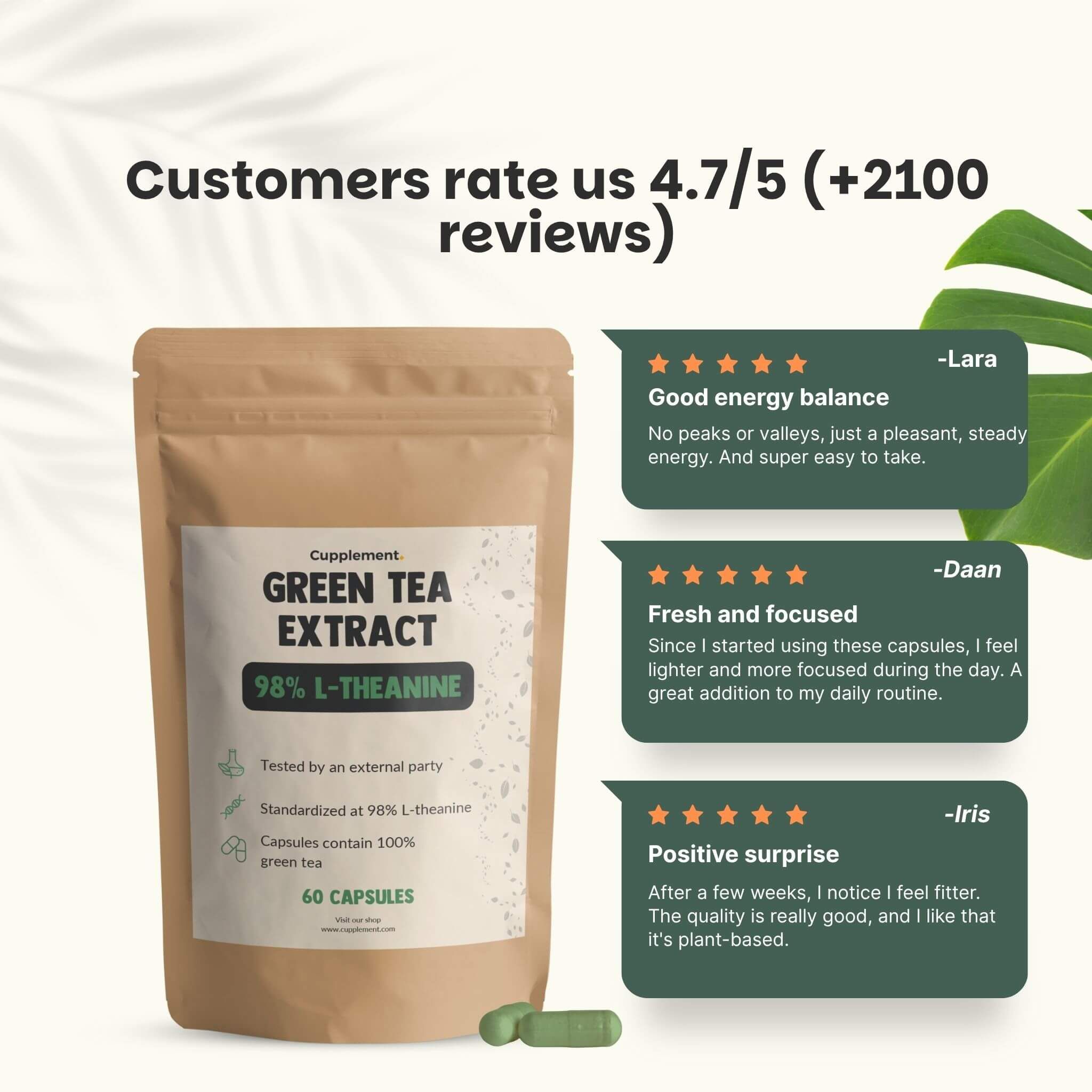 Sachet marron avec gélules vertes. Texte: Green Tea Extract, 98% L-Théanine, 60 gélules. Avis clients.