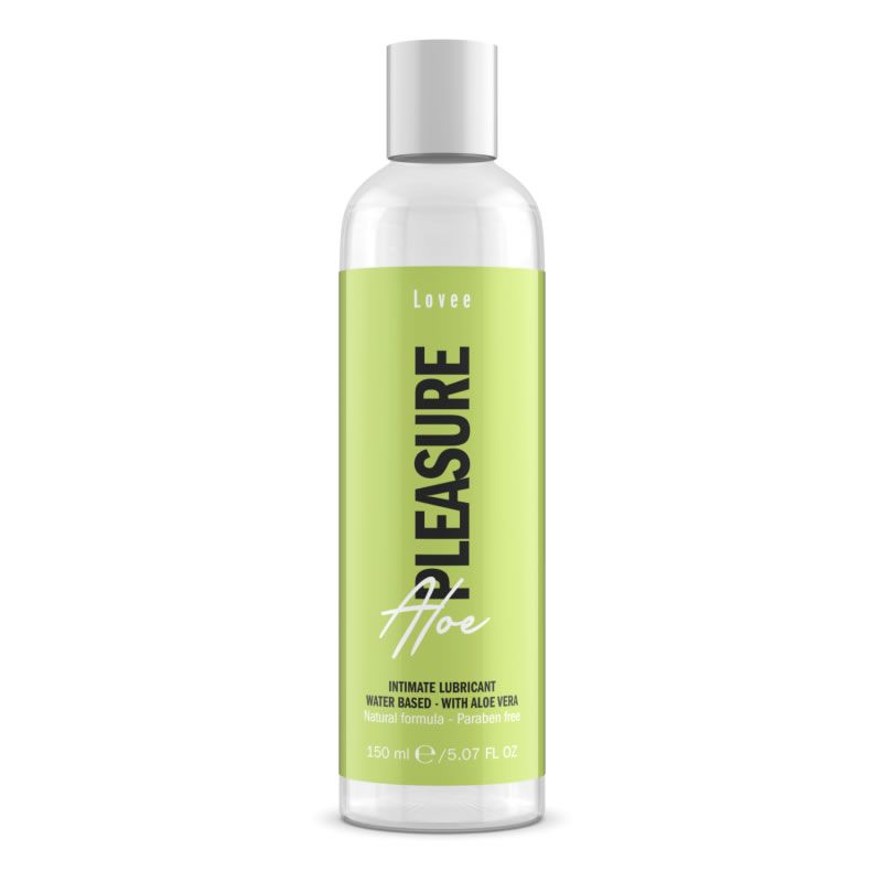 Transparante fles met groen etiket. Opschrift: PLEASURE, Aloe. Intiem glijmiddel, op waterbasis, met Aloë Vera. 150 ml.