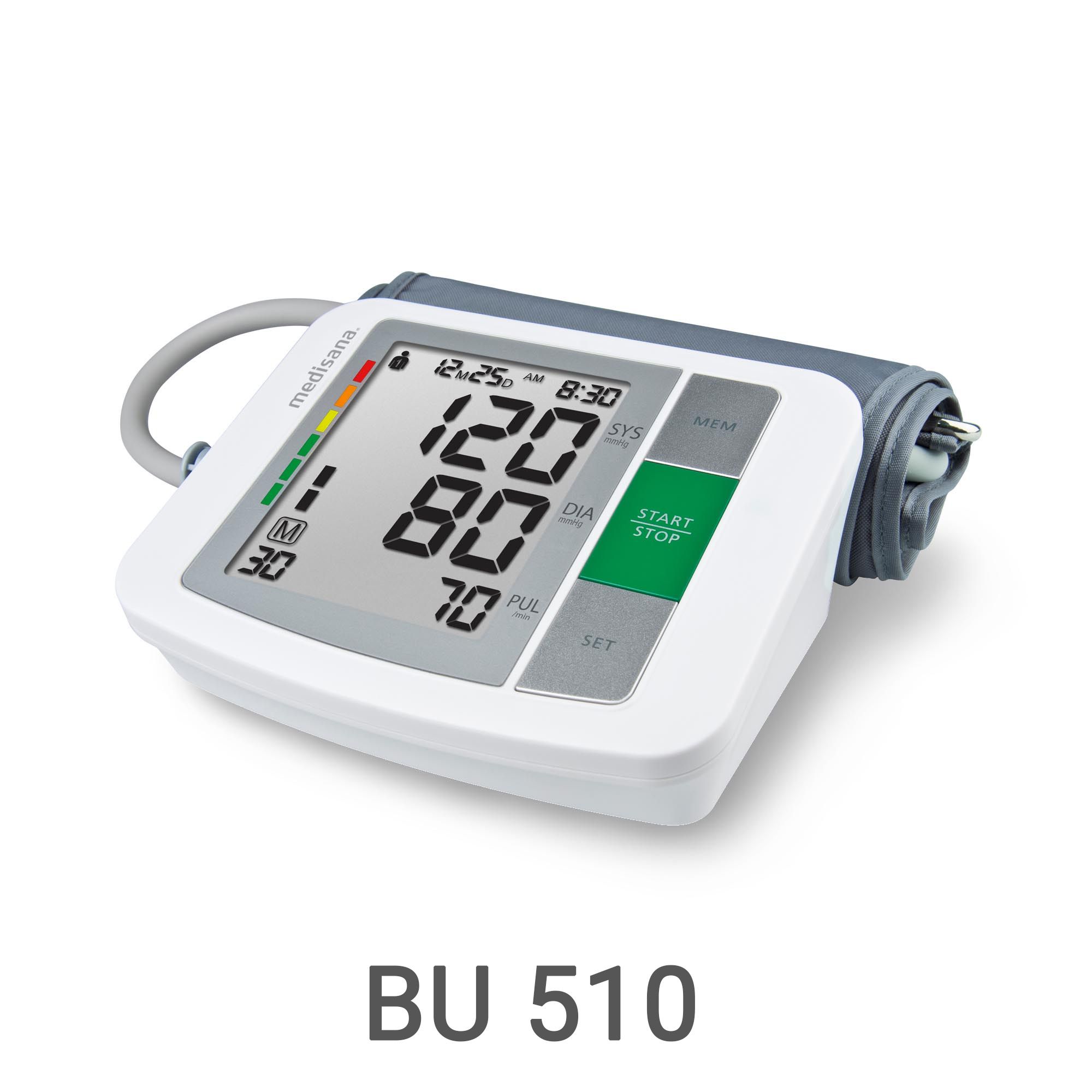 Tensiomètre de bras blanc BU 510 avec grand écran et bouton vert Start.