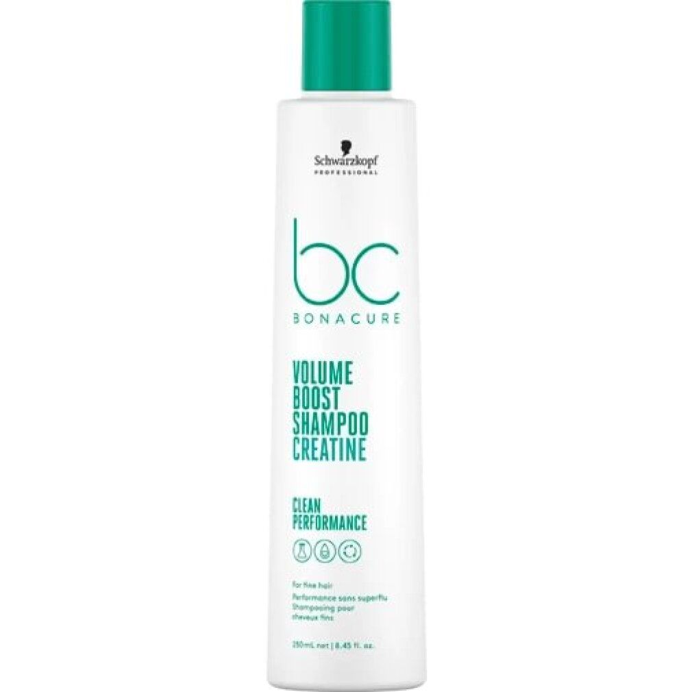 Witte shampoo met groene dop. Opschrift: bc BONACURE VOLUME BOOST SHAMPOO CREATINE. Schwarzkopf Professional.