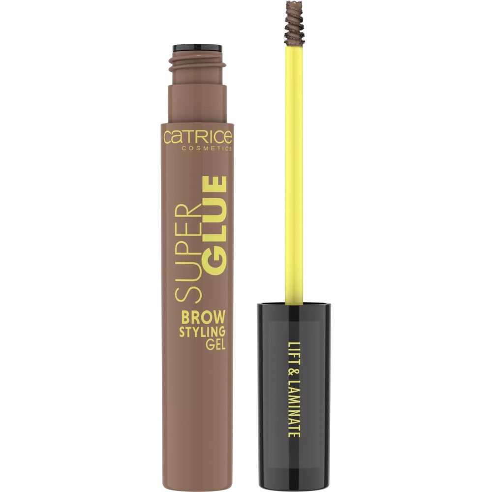 Gel coiffant pour sourcils avec applicateur. Tube et applicateur jaune. Inscription: SUPER GLUE, BROW STYLING GEL, Catrice Cosmetics.