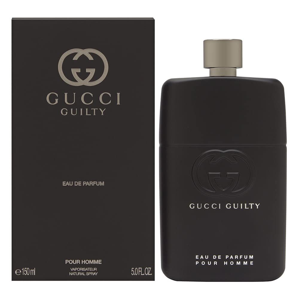 Flacon et boîte noirs. Logo et texte GUCCI GUILTY. Eau de Parfum Pour Homme. 5.0 FL.OZ.