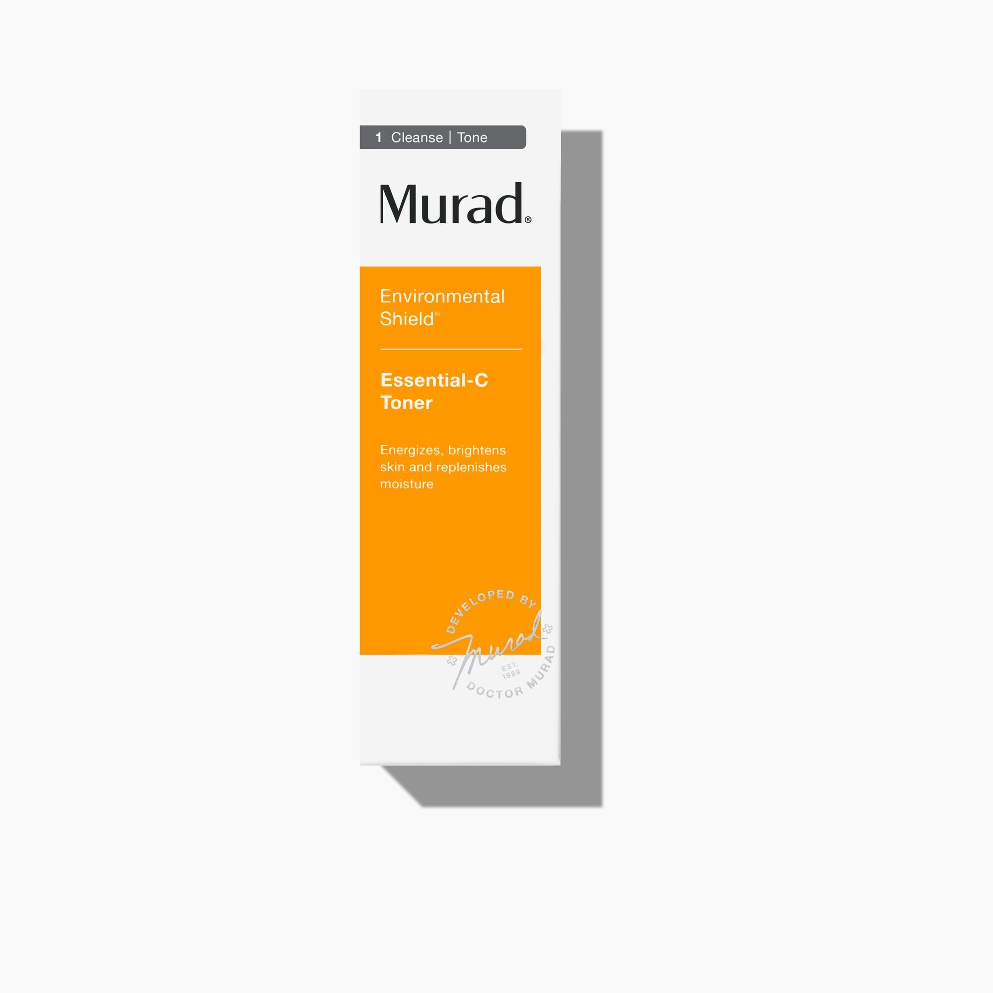 Emballage blanc avec étiquette orange. Texte: Murad, Environmental Shield, Essential-C Toner.
