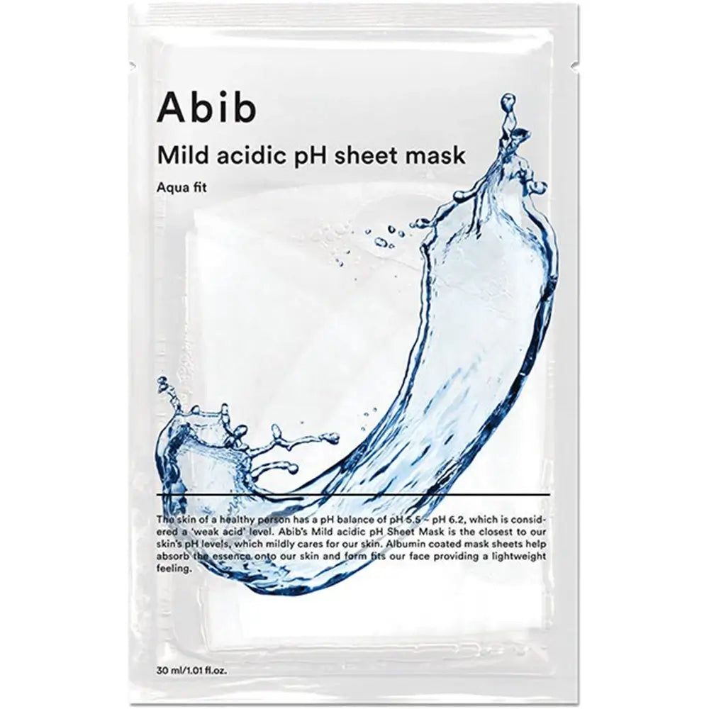 Emballage du masque facial ABIB Milde Säure pH Aqua Fit. Film transparent avec nom du produit et motif d'eau. Texte : 30 ml/1,01 fl.oz.