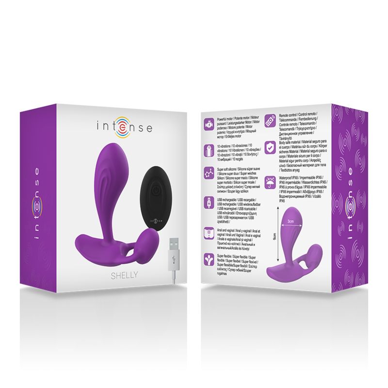 Emballage violet avec un vibromasseur violet et une télécommande noire. "intense SHELLY" est imprimé sur le devant.