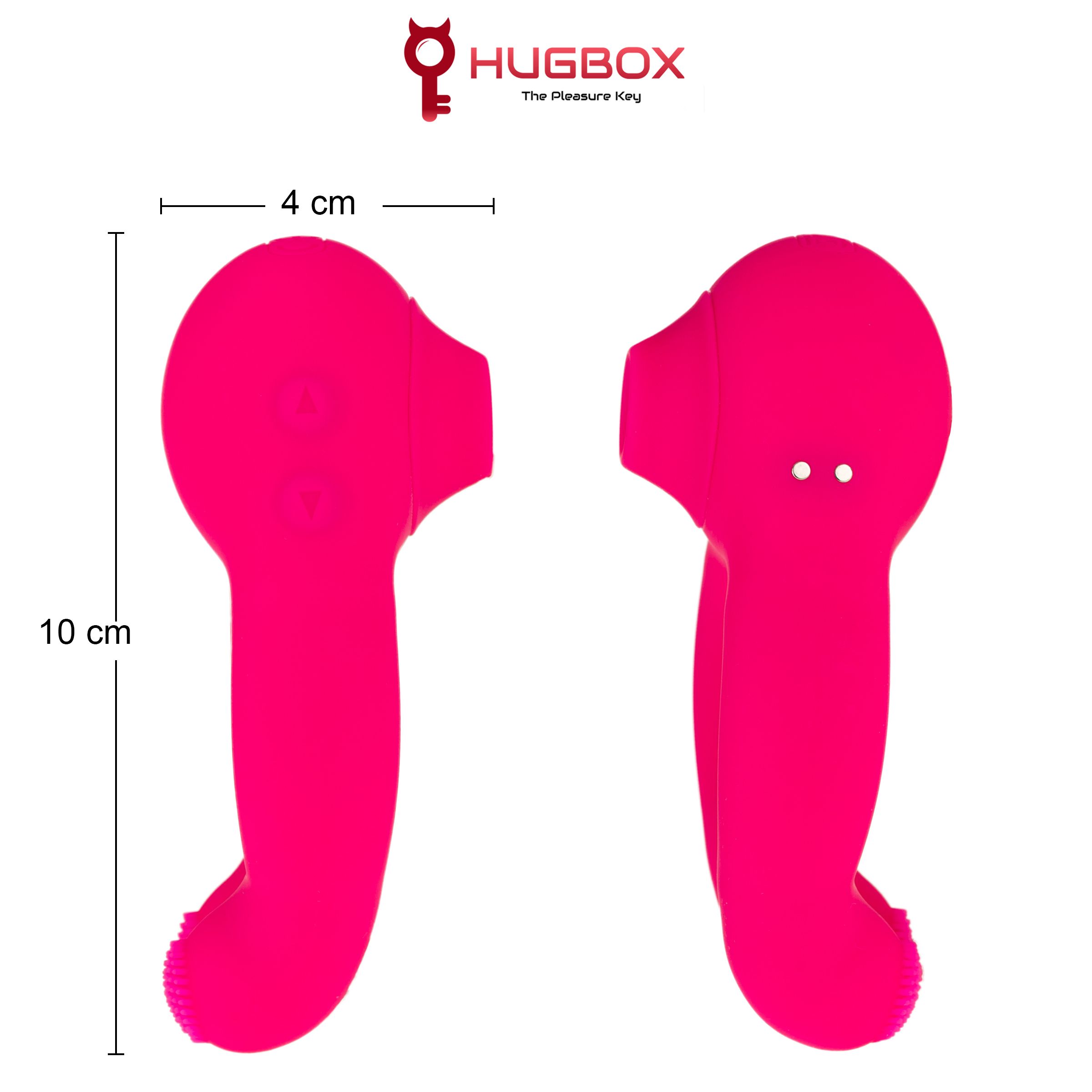 Twee roze producten, 10 cm hoog, 4 cm breed. HUGBOX-logo bovenaan. Met afmetingen.