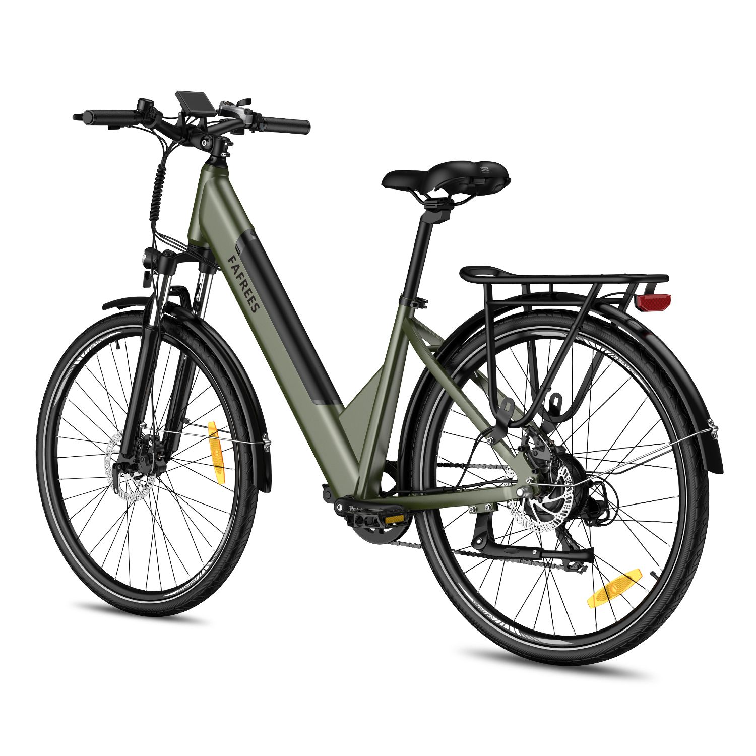 Vélo électrique vert avec porte-bagages, garde-boue et inscription FAFREES. Pneus et selle noirs.