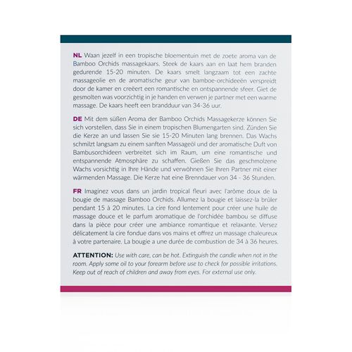 Dos de l'emballage. Texte en néerlandais et en allemand. Instructions d'utilisation et ingrédients.