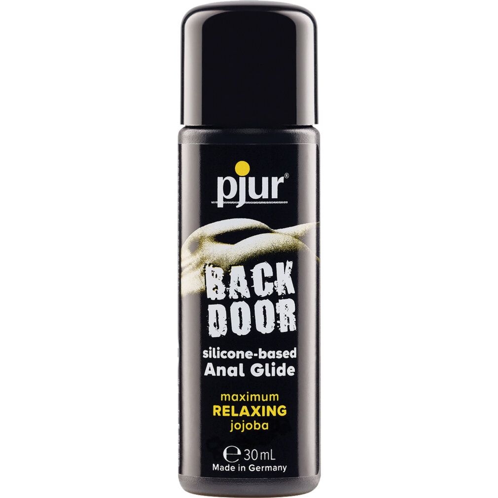 Zwarte fles met zwarte dop. Opschrift: pjur, BACK DOOR, silicone-based Anal Glide. Met Jojoba. 30ml. Gemaakt in Duitsland.