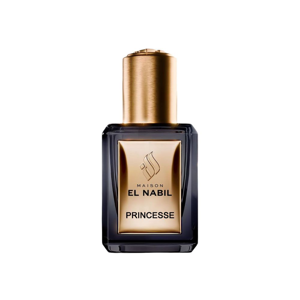 Flacon de parfum bleu foncé avec bouchon doré. L'étiquette porte l'inscription "MAISON EL NABIL PRINCESSE".
