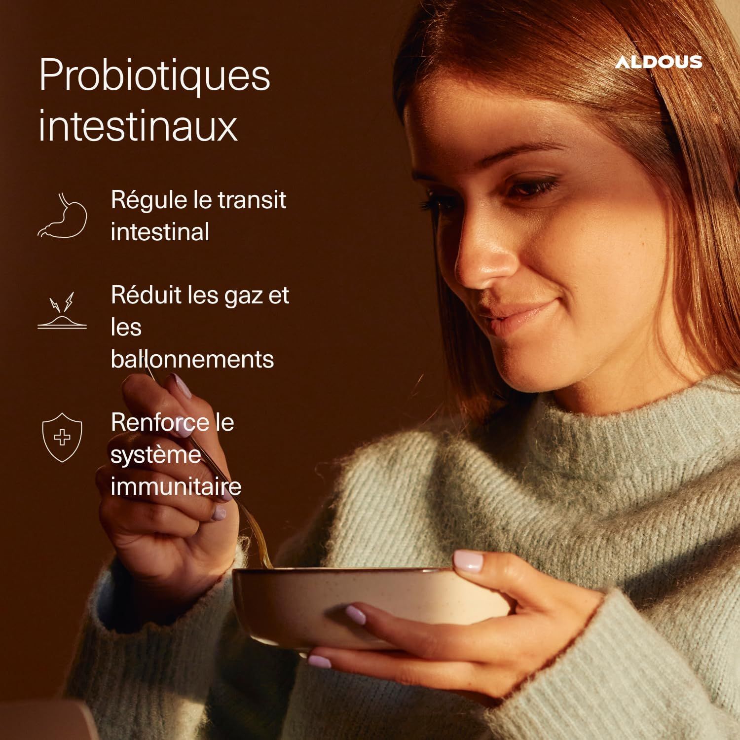 Femme tenant un bol, texte sur les probiotiques intestinaux, régule le transit, réduit les ballonnements, renforce l'immunité.