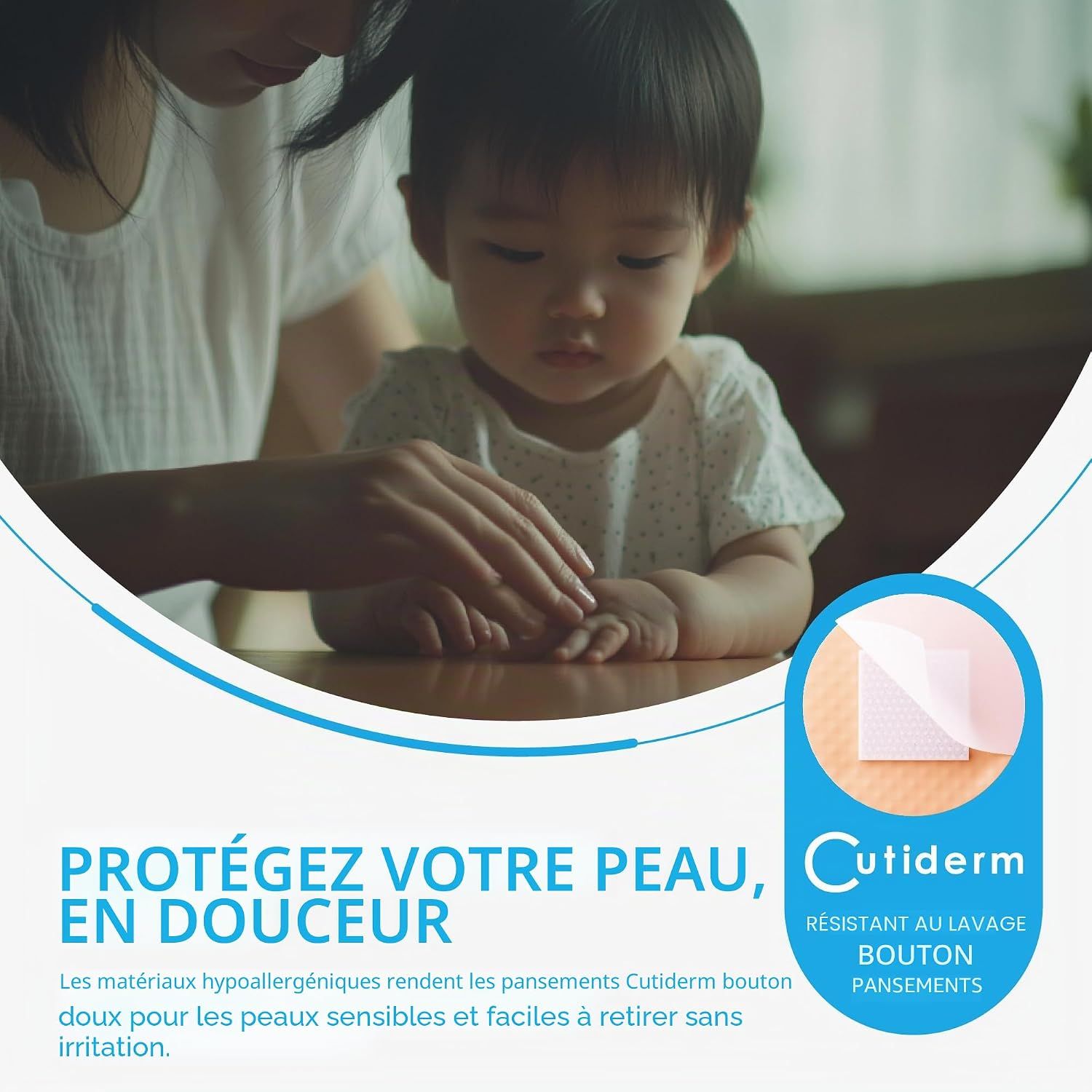 Un pansement Cutiderm sur la peau, entouré d'une mère et d'un enfant.