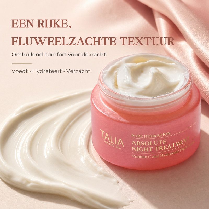 Een pot Talia Absolute Night Treatment van 50 ml. Bevat Vitamine C & Hyaluronzuur. Hydrateert, verzacht en laat stralen.