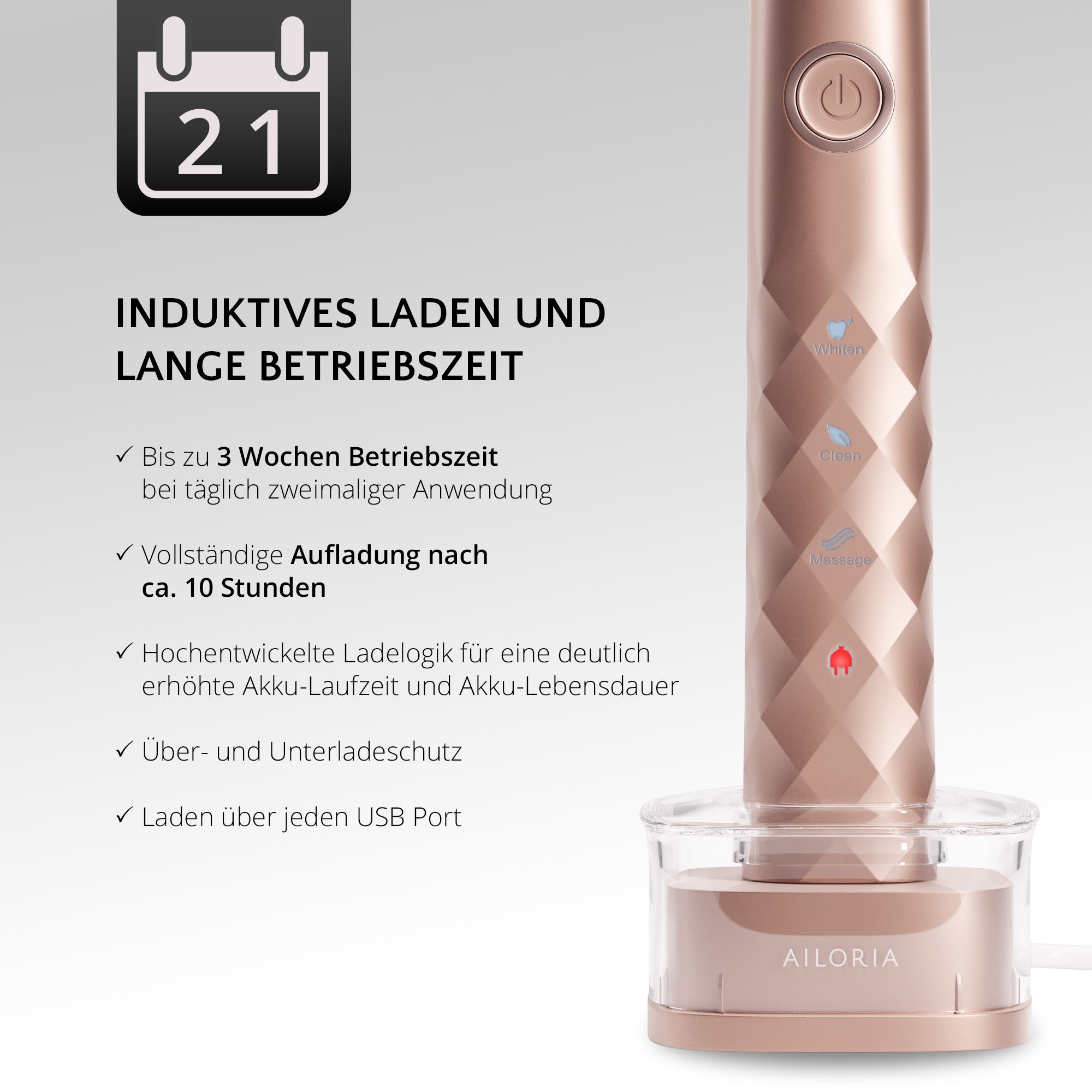 Brosse à dents sur socle de charge. Charge inductive. Autonomie jusqu'à 3 semaines. Logo AILORIA.